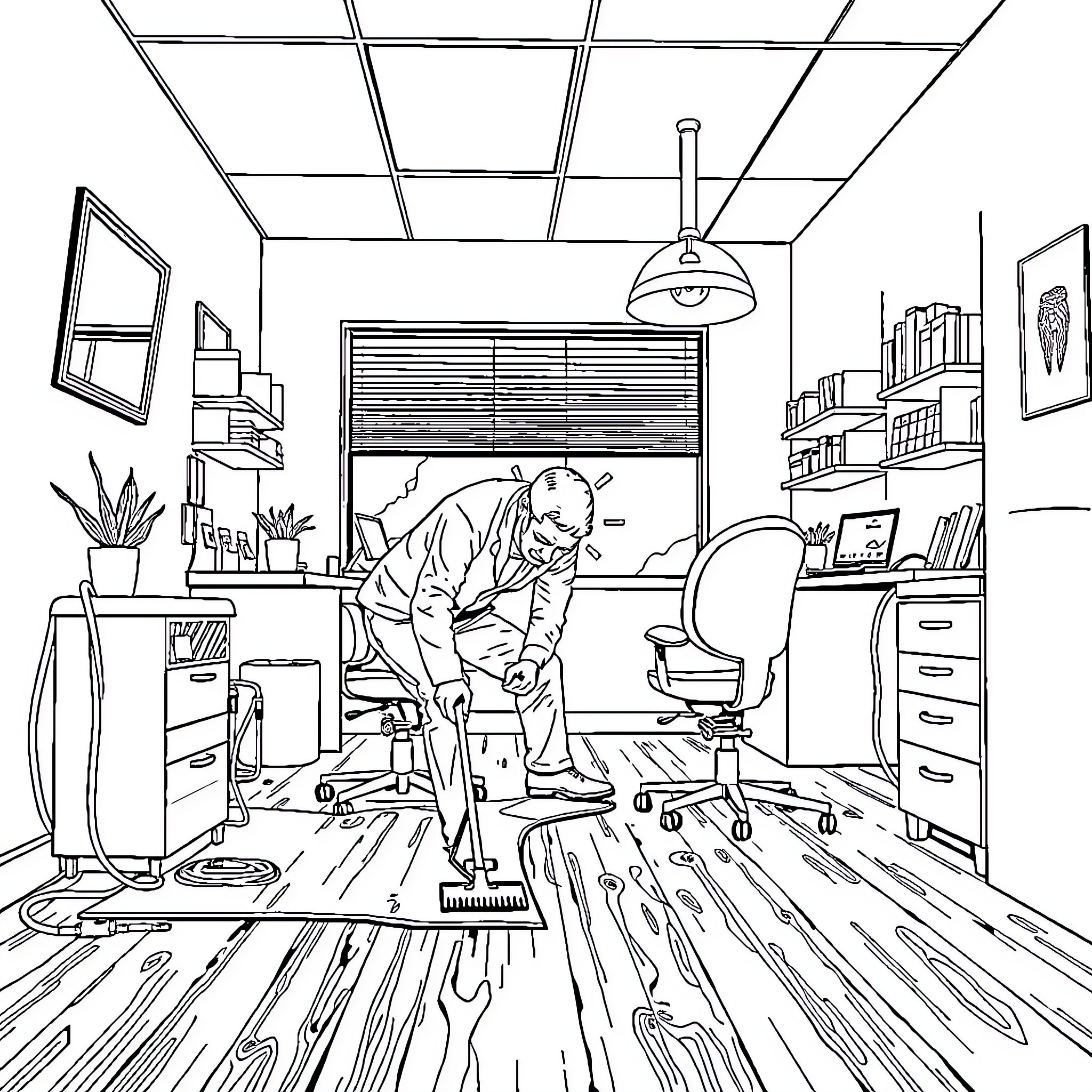 Dentist Cleaning and Maintaining a Busy Office Space Coloring Page (free black-and-white line drawing printable PDF for all, from beginners to advanced learners, including children, teens, adults, and seniors)