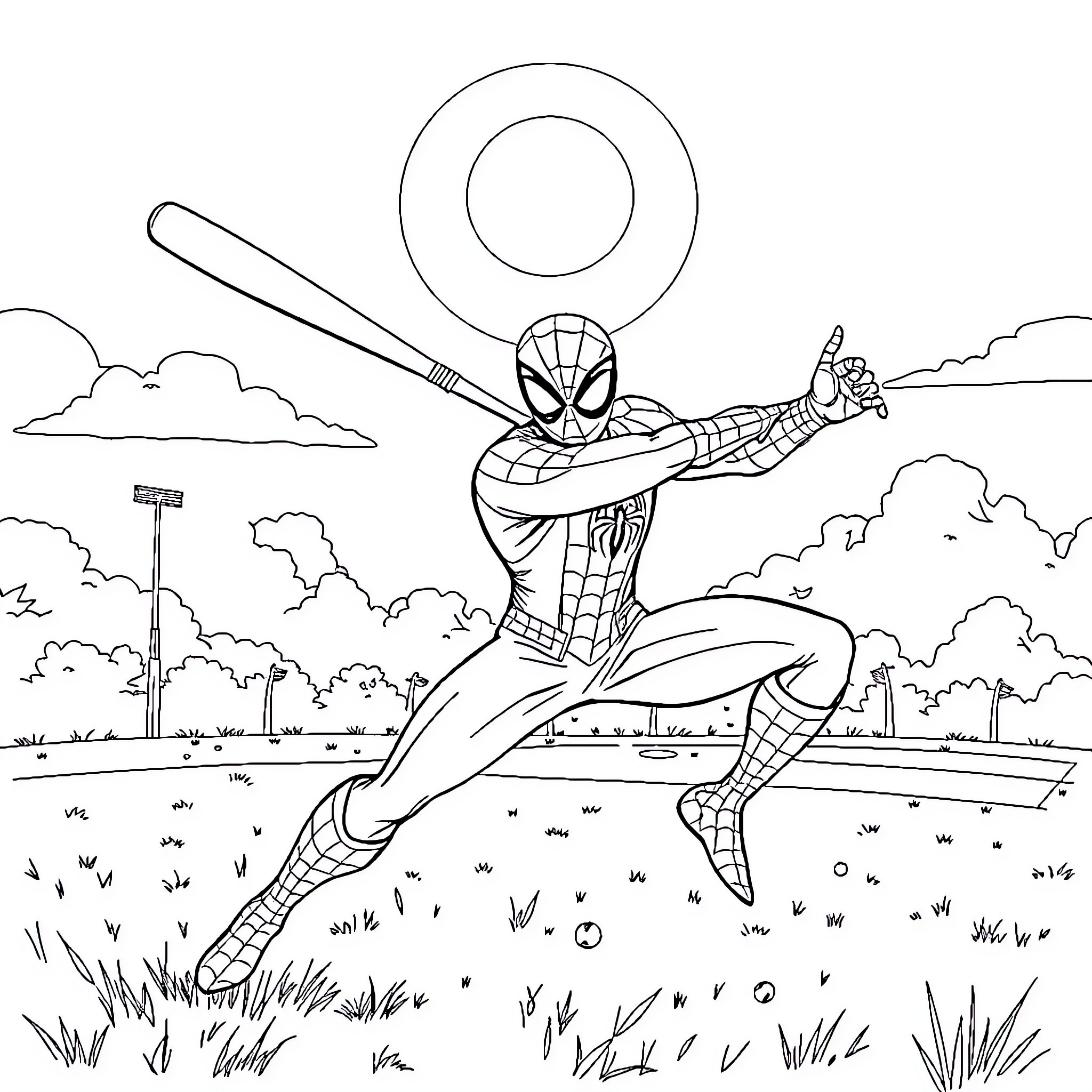 Spiderman swinging through the city skyline Coloring Page (free black-and-white line drawing printable PDF for all, from beginners to advanced learners, including children, teens, adults, and seniors)