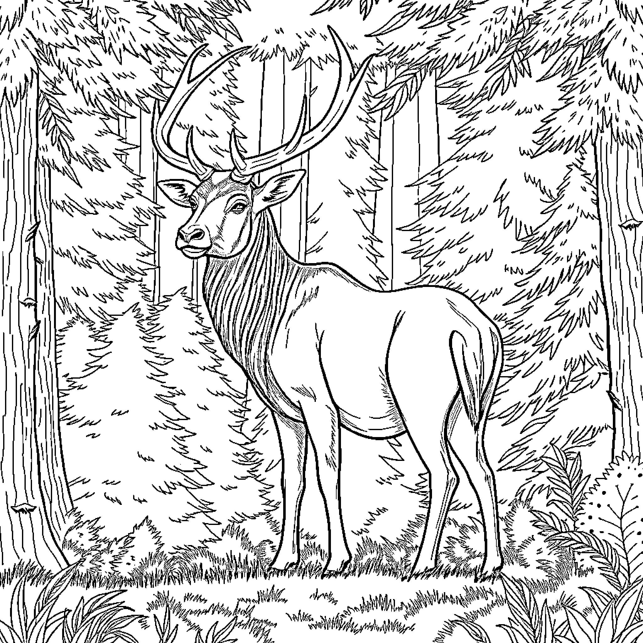Deer standing amid pine trees in a forest Coloring Page (free black-and-white line drawing printable PDF for all, from beginners to advanced learners, including children, teens, adults, and seniors)