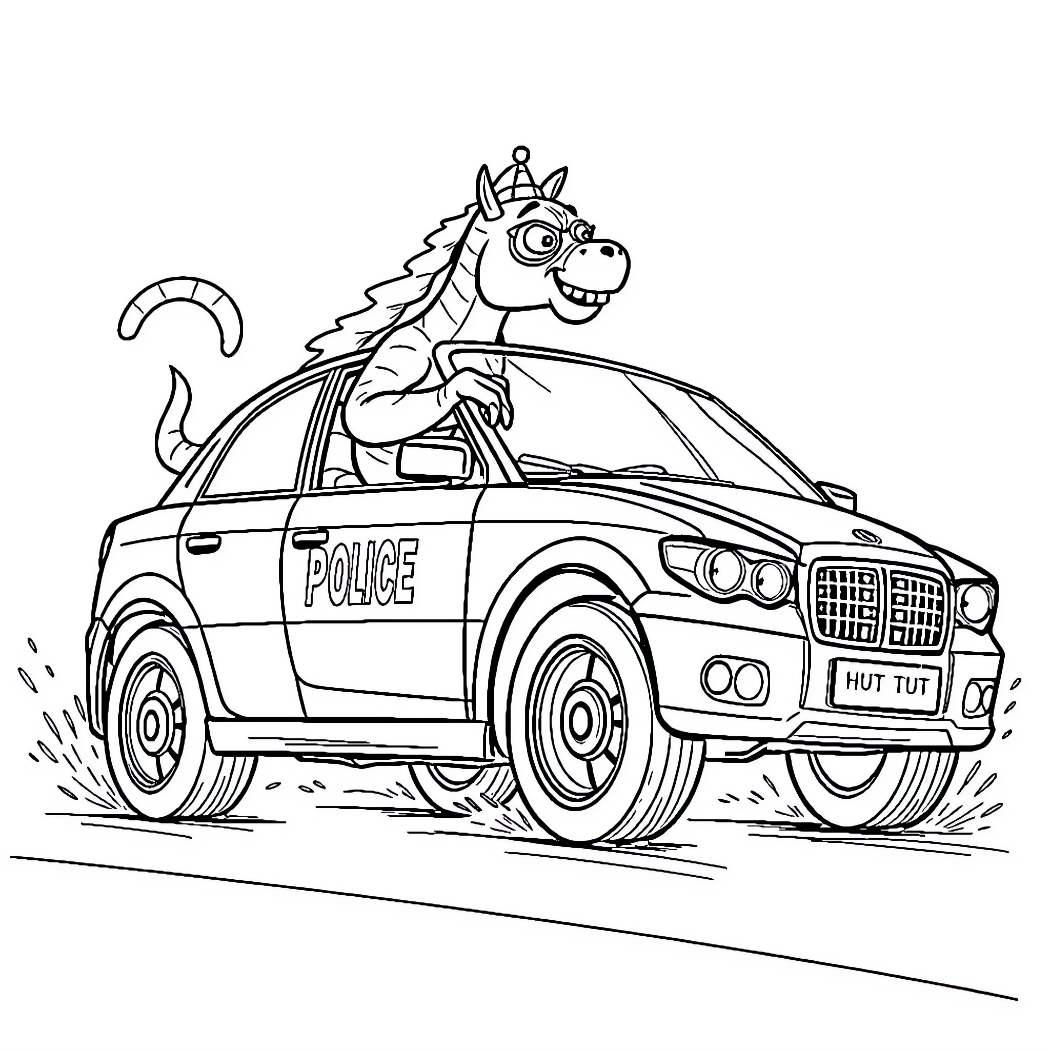 Police Car with Unicorn Driver on Patrol Coloring Page (free black-and-white line drawing printable PDF for all, from beginners to advanced learners, including children, teens, adults, and seniors)
