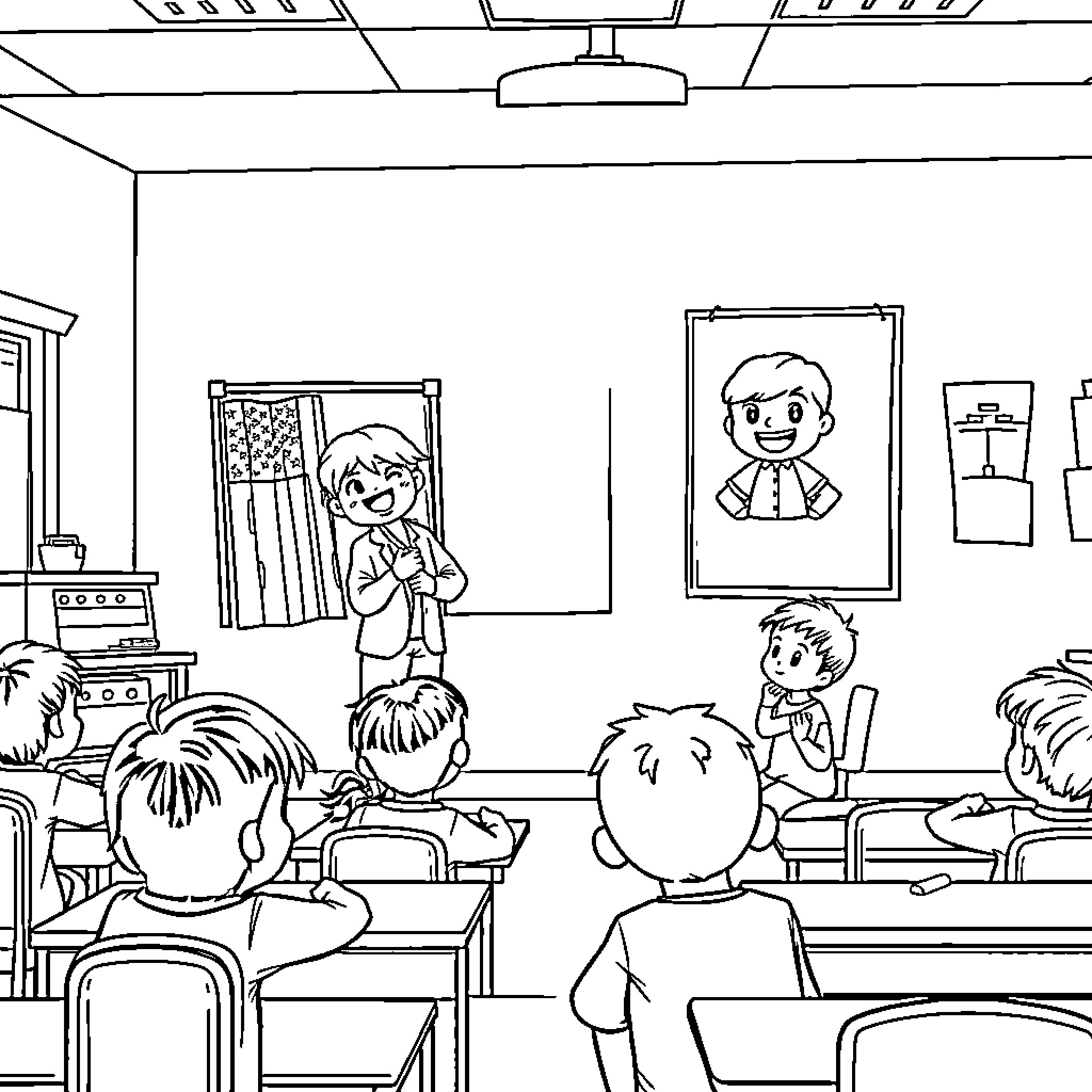 Classroom of students engaged in learning activities Coloring Page (free black-and-white line drawing printable PDF for all, from beginners to advanced learners, including children, teens, adults, and seniors)