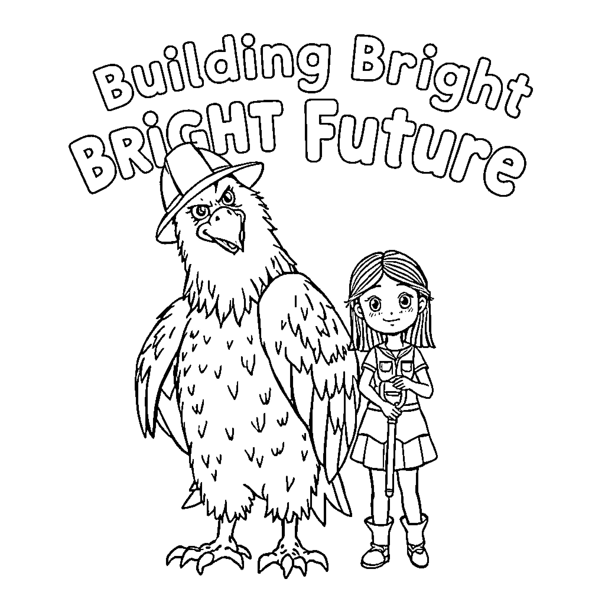Eagle and Girl Building Bright Future Coloring Page (free black-and-white line drawing printable PDF for all, from beginners to advanced learners, including children, teens, adults, and seniors)