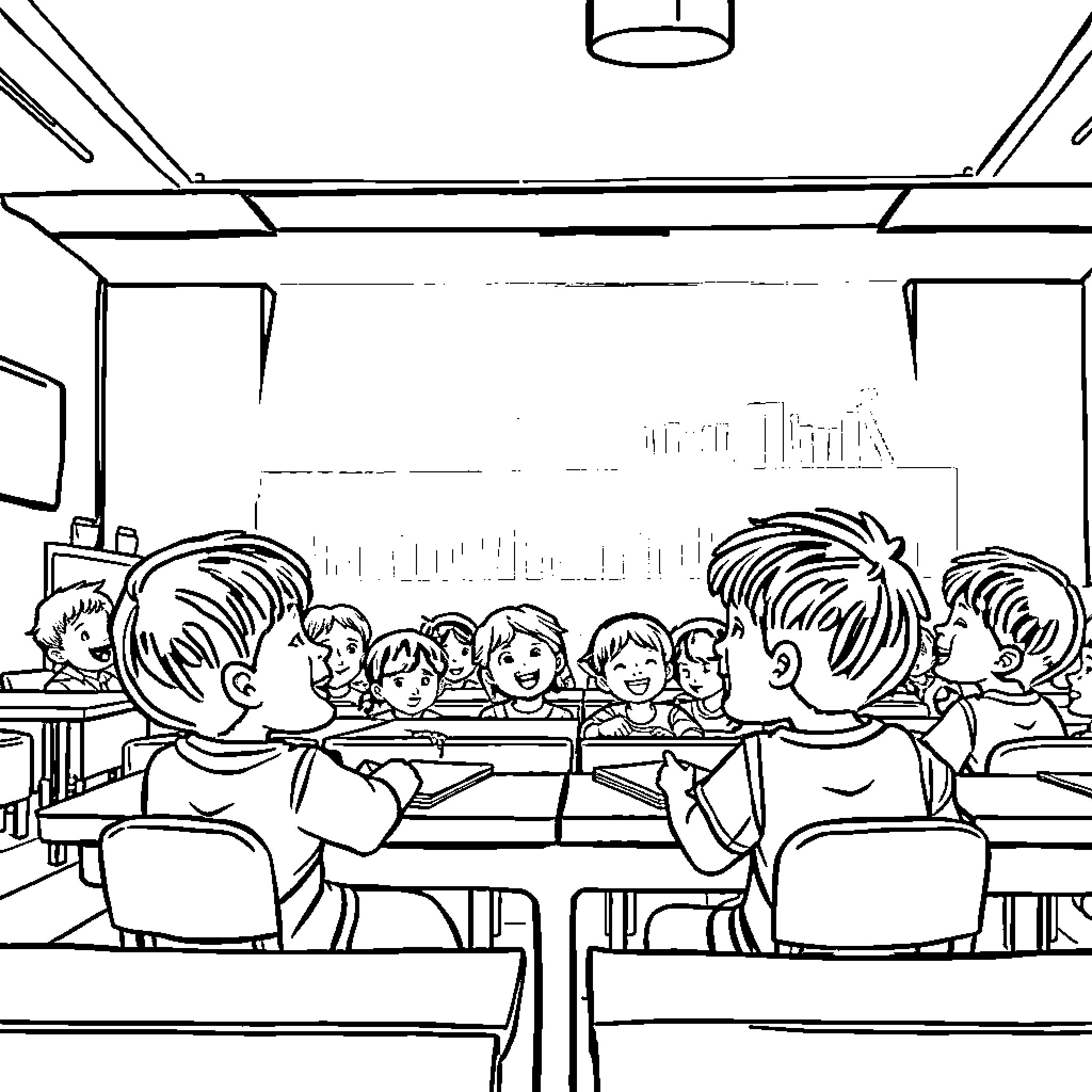 Child's school day in the classroom Coloring Page (free black-and-white line drawing printable PDF for all, from beginners to advanced learners, including children, teens, adults, and seniors)