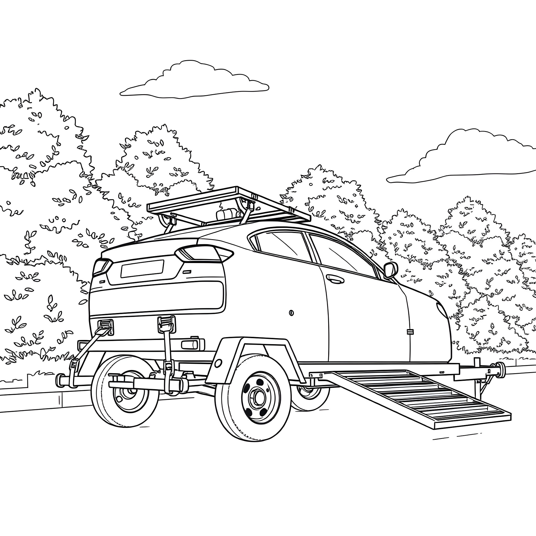 Car Trailer Carrying Camping Equipment in Scenic Outdoors Coloring Page (free black-and-white line drawing printable PDF for all, from beginners to advanced learners, including children, teens, adults, and seniors)