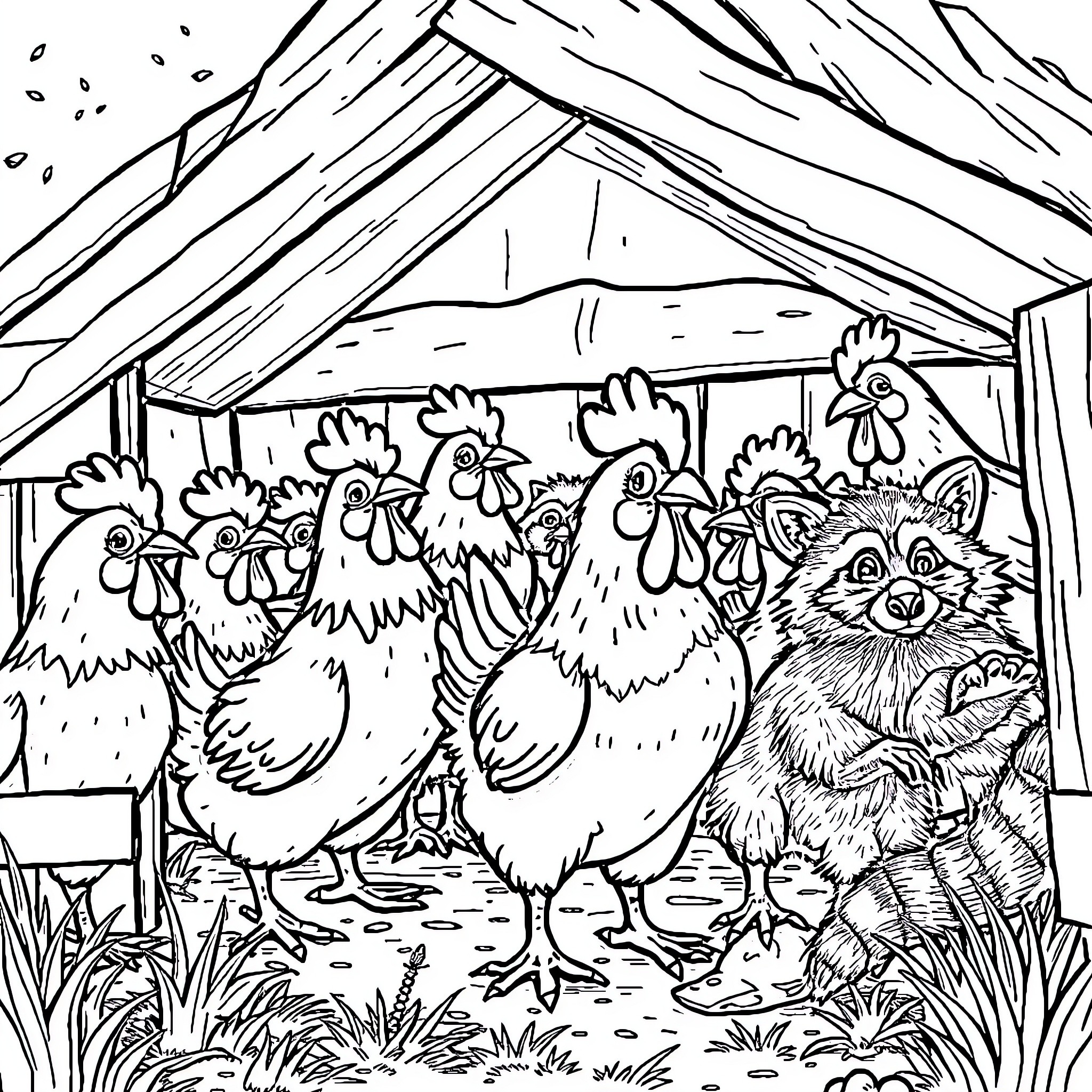 Chicken coop with curious critters Coloring Page (free black-and-white line drawing printable PDF for all, from beginners to advanced learners, including children, teens, adults, and seniors)