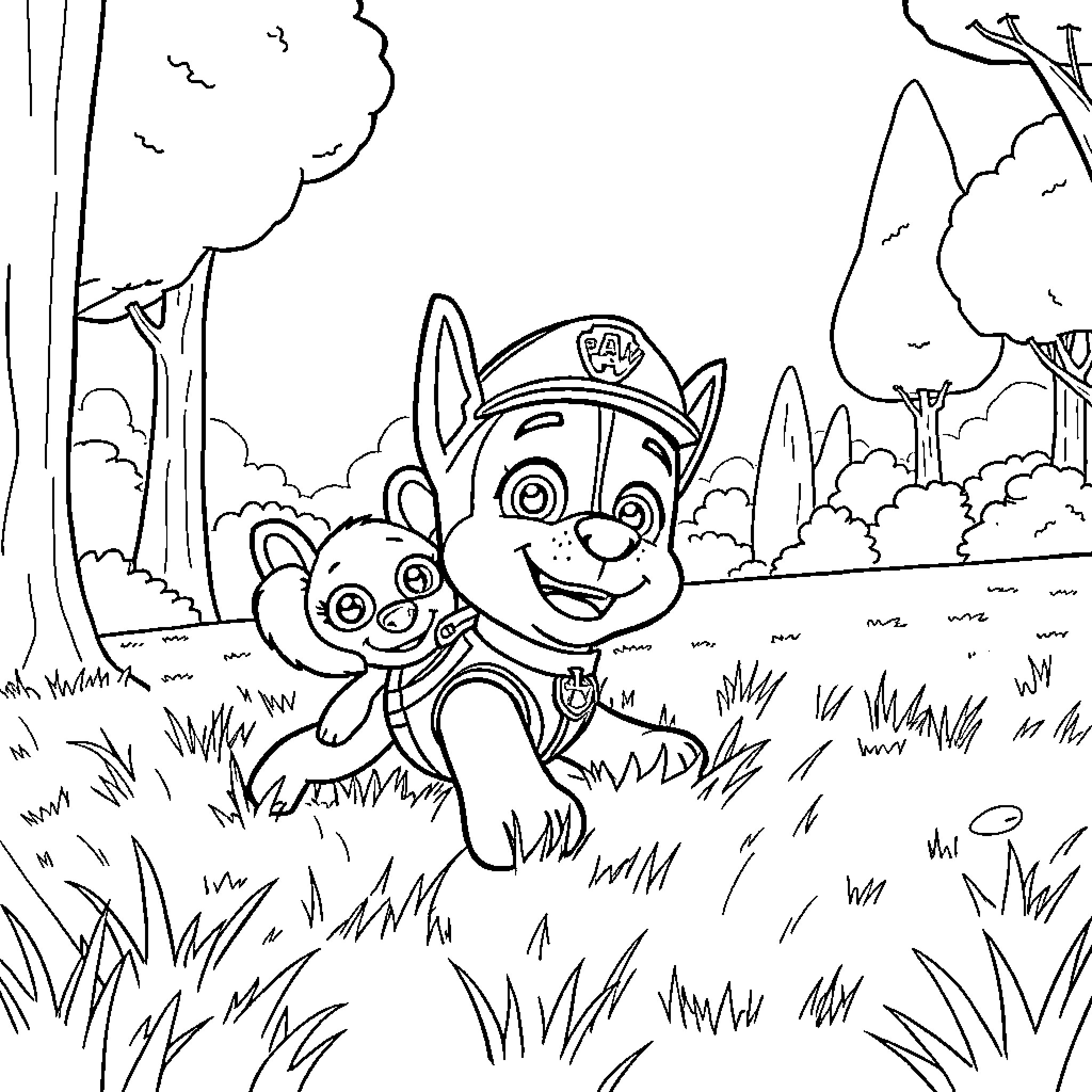 Chase through the Enchanting Forest Coloring Page (free black-and-white line drawing printable PDF for all, from beginners to advanced learners, including children, teens, adults, and seniors)
