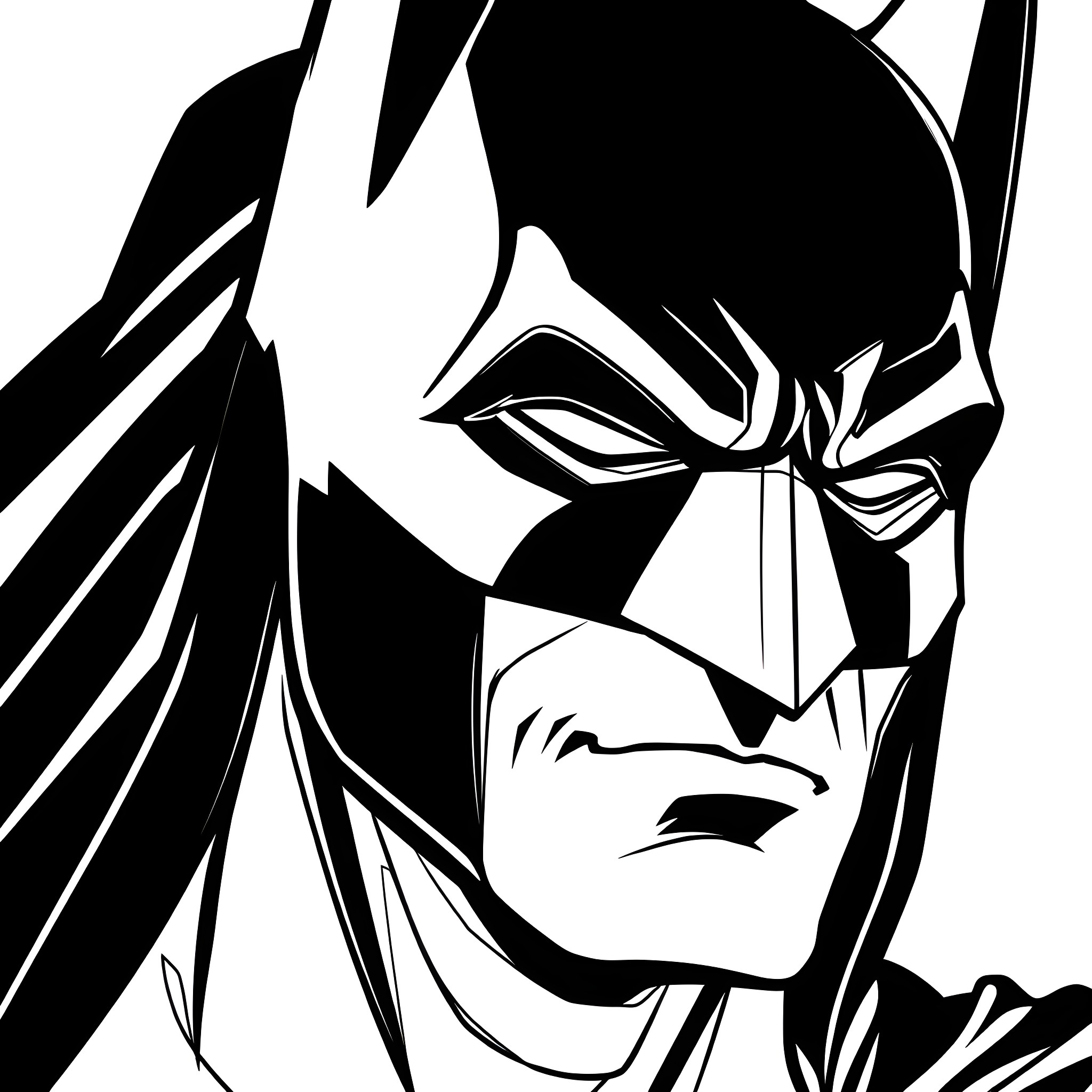 Batman in intense focus and determination Coloring Page (free black-and-white line drawing printable PDF for all, from beginners to advanced learners, including children, teens, adults, and seniors)