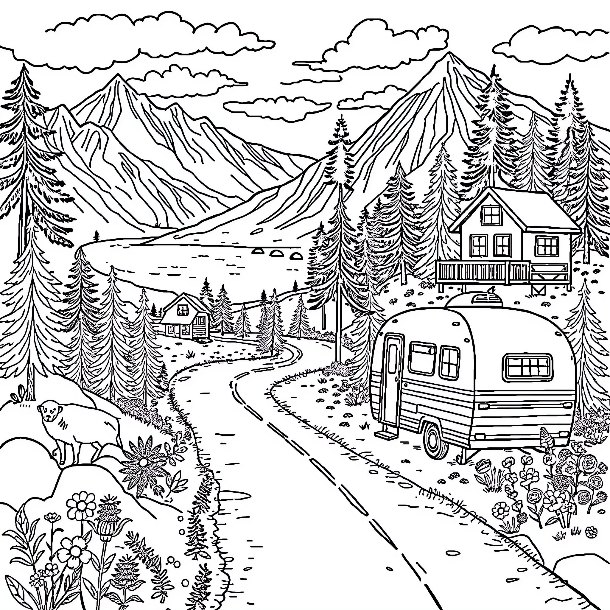 Road Trip to Scenic Mountain Cabin with Camper Coloring Page (free black-and-white line drawing printable PDF for all, from beginners to advanced learners, including children, teens, adults, and seniors)