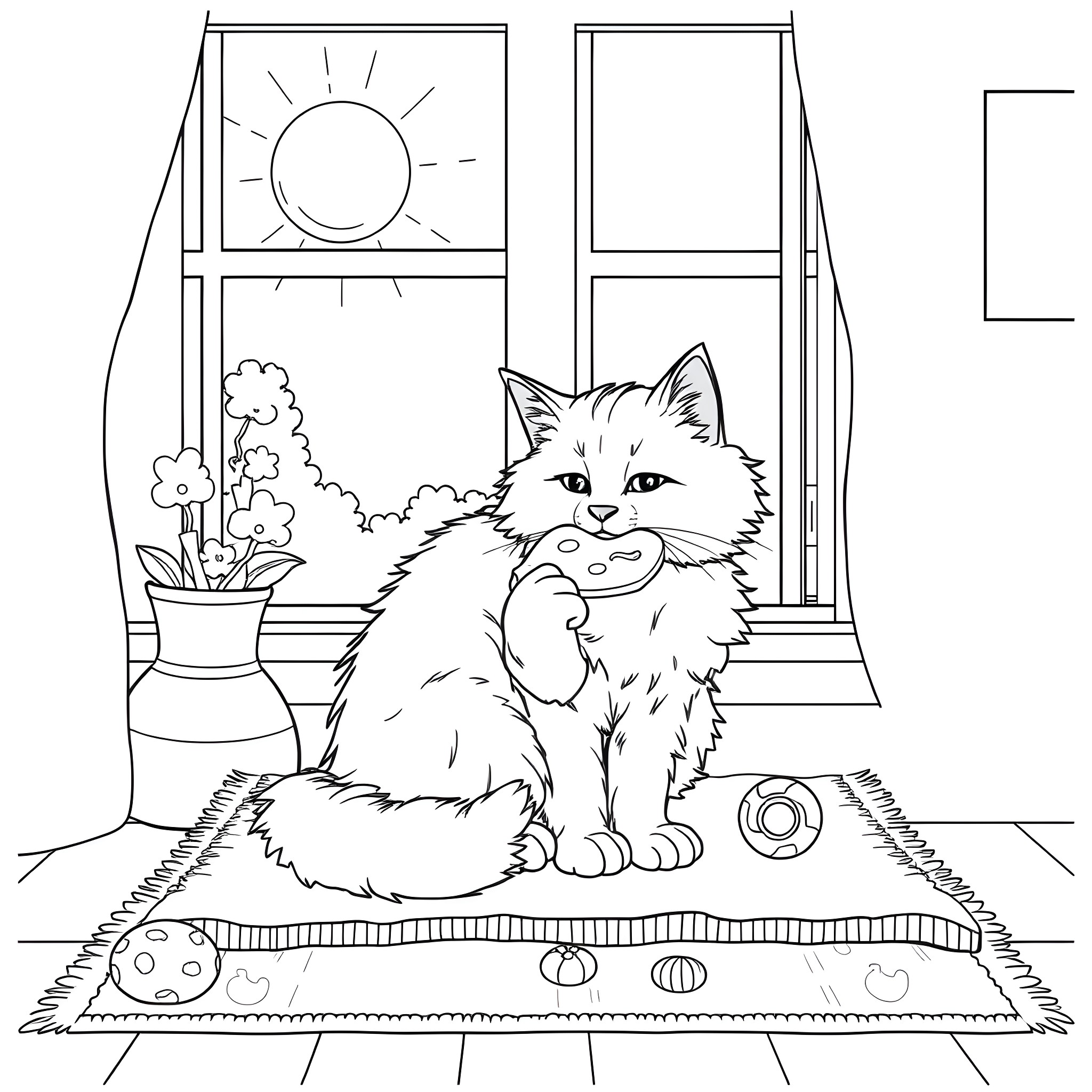 Cat sitting comfortably on a rug in a cozy home Coloring Page (free black-and-white line drawing printable PDF for all, from beginners to advanced learners, including children, teens, adults, and seniors)