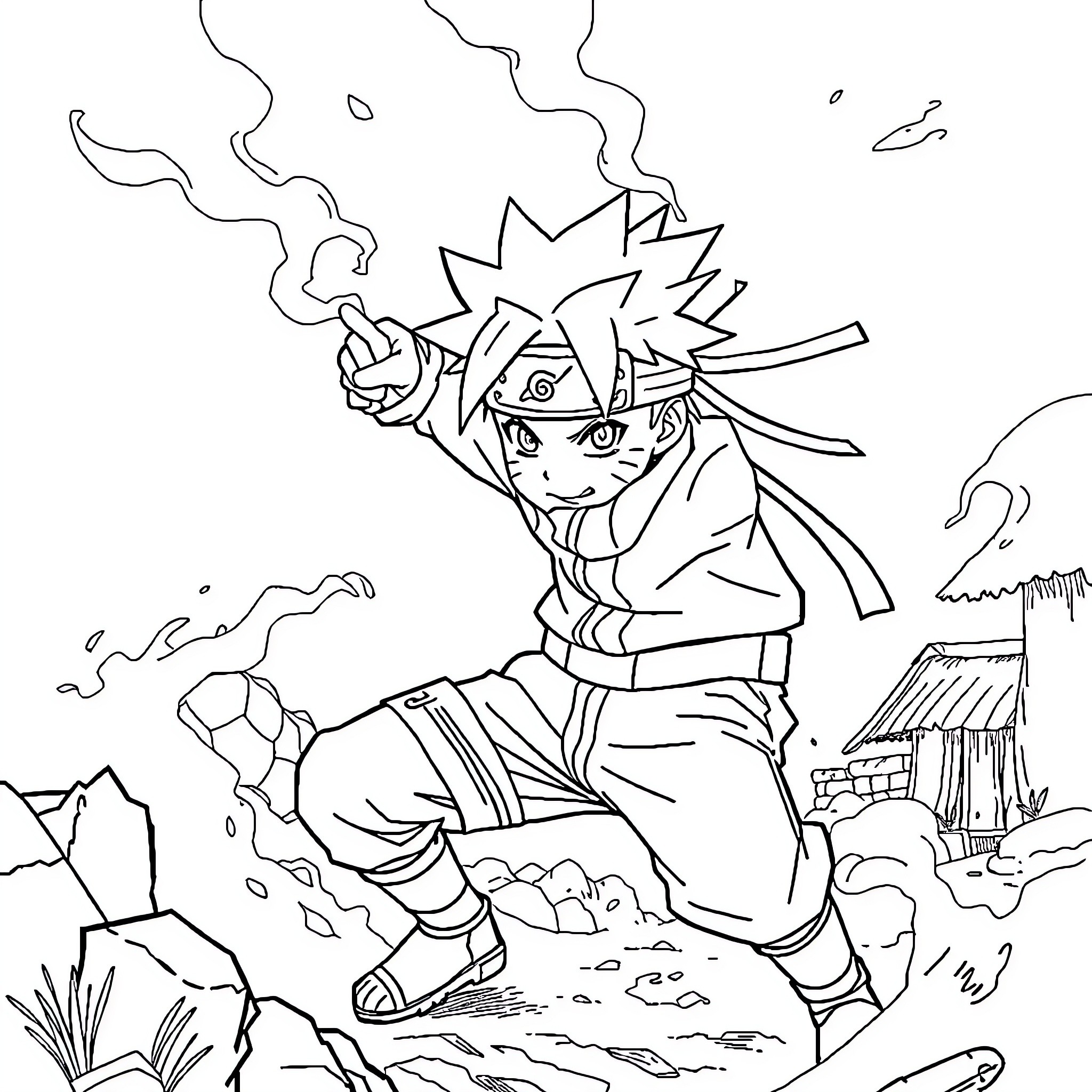 Naruto Unleashing Powerful Ninja Techniques in Outdoor Setting Coloring Page (free black-and-white line drawing printable PDF for all, from beginners to advanced learners, including children, teens, adults, and seniors)