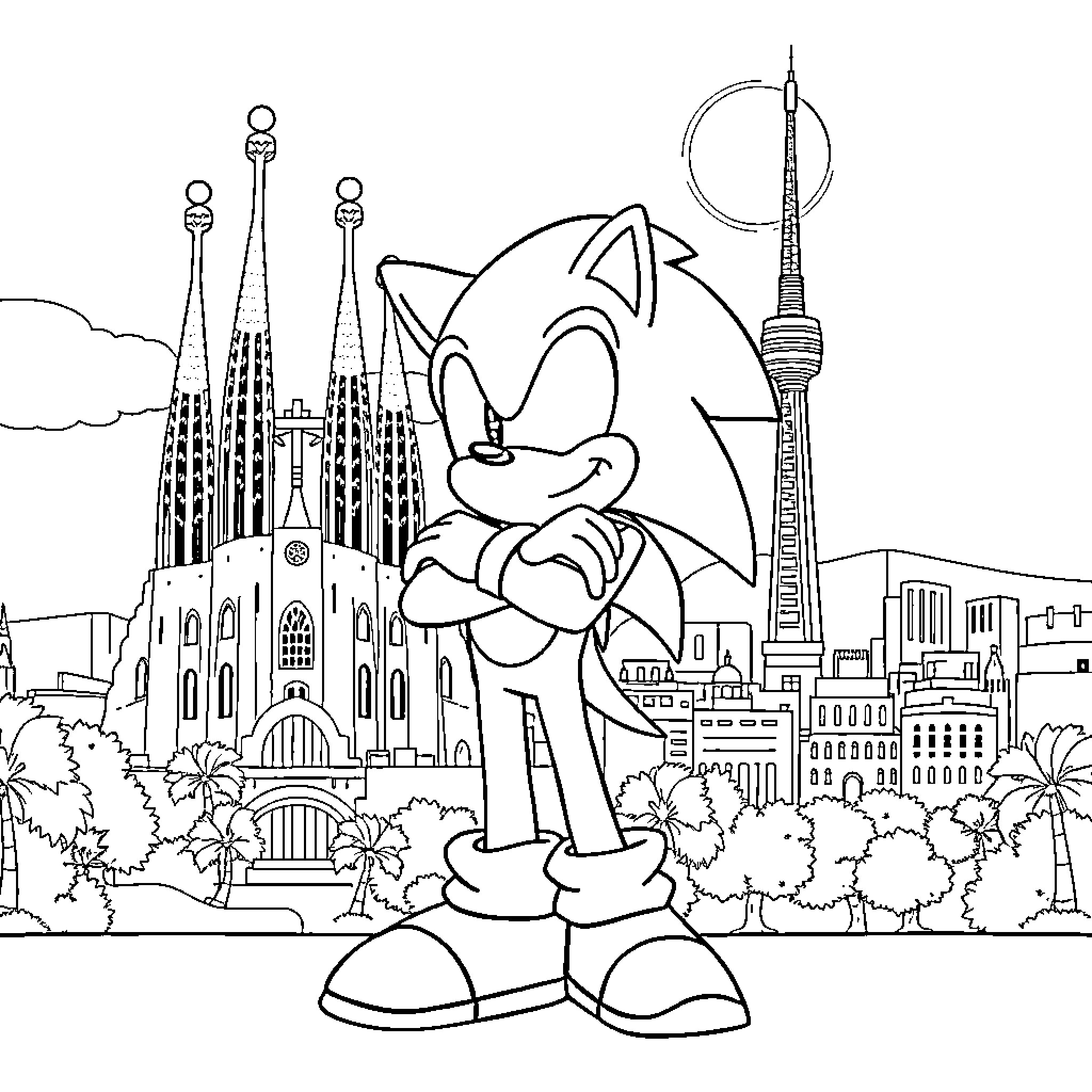 Sonic Explores Iconic City Landmarks Coloring Page (free black-and-white line drawing printable PDF for all, from beginners to advanced learners, including children, teens, adults, and seniors)