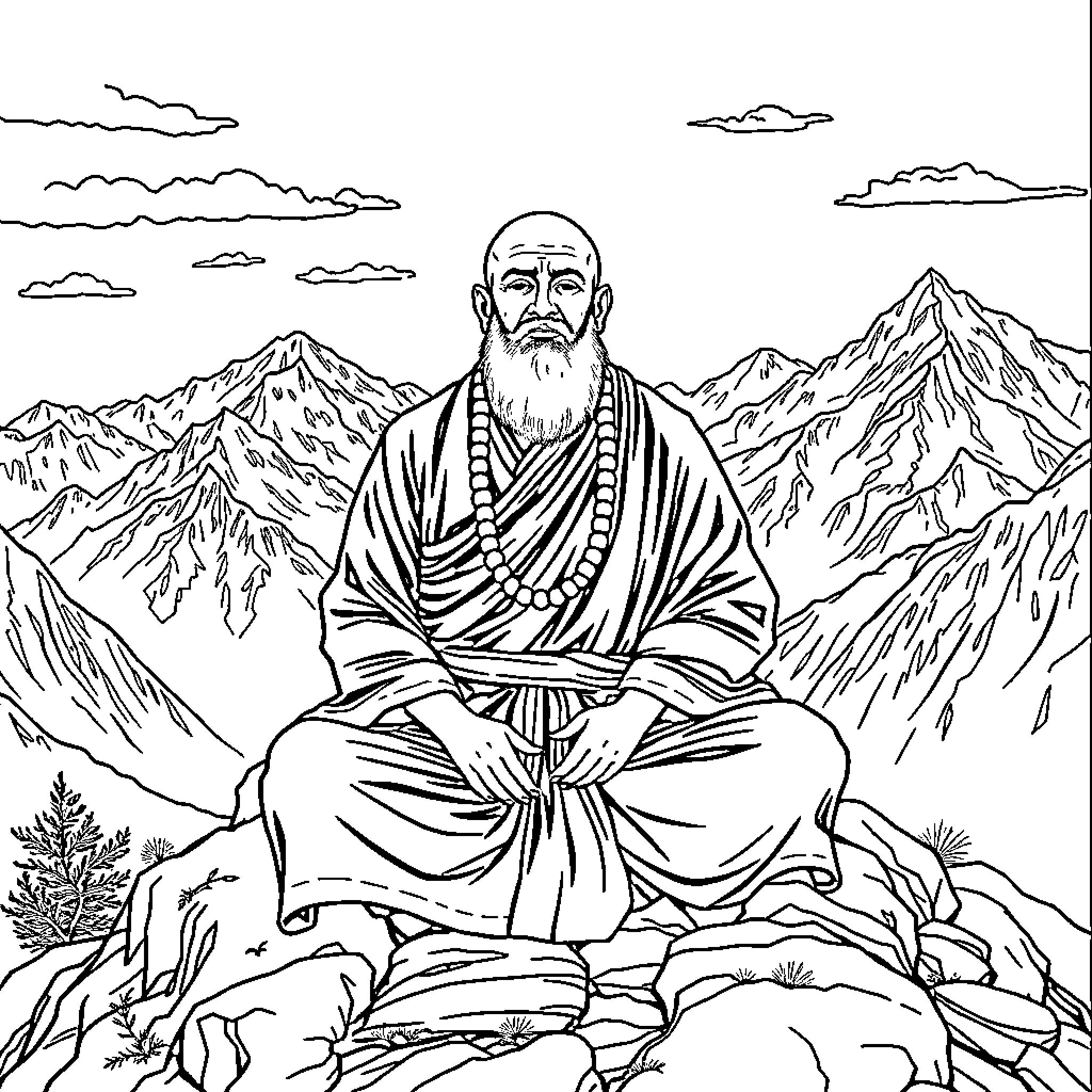 Yogi meditating peacefully in the mountainous landscape Coloring Page (free black-and-white line drawing printable PDF for all, from beginners to advanced learners, including children, teens, adults, and seniors)