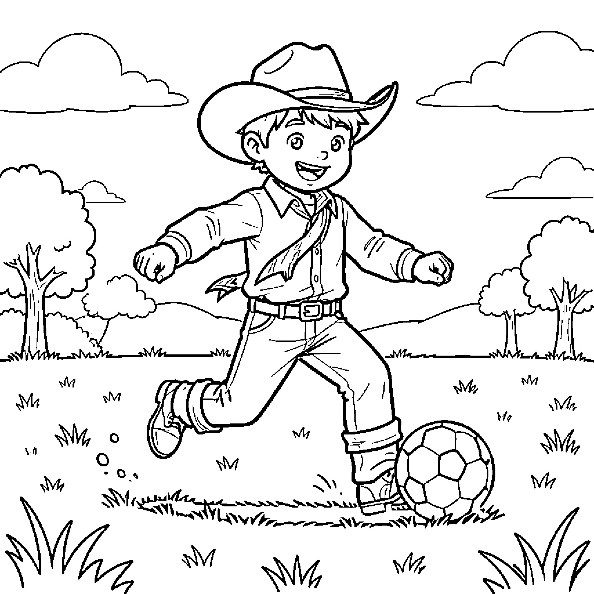 Cowboy boy playing soccer in a grassy field Coloring Page (free black-and-white line drawing printable PDF for all, from beginners to advanced learners, including children, teens, adults, and seniors)
