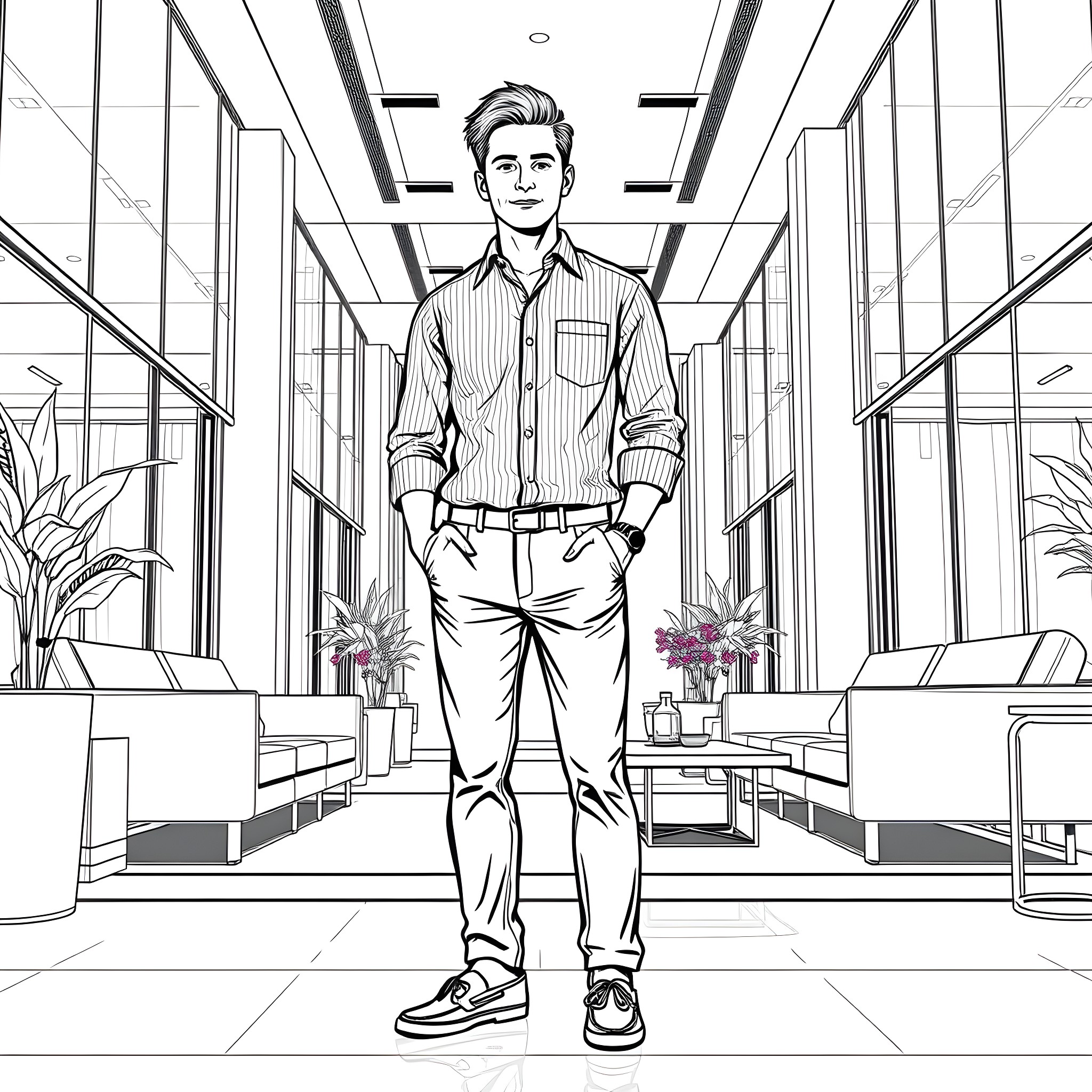Man standing in the modern office lobby Coloring Page (free black-and-white line drawing printable PDF for all, from beginners to advanced learners, including children, teens, adults, and seniors)