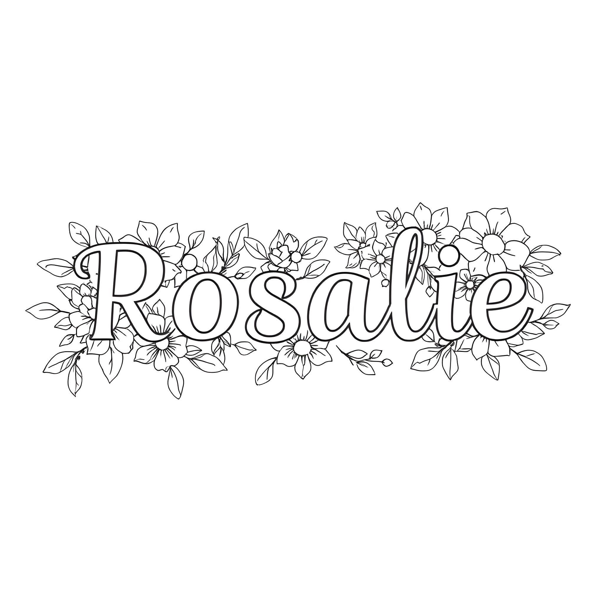 Rosalie surrounded by floral elements Coloring Page (free black-and-white line drawing printable PDF for all, from beginners to advanced learners, including children, teens, adults, and seniors)