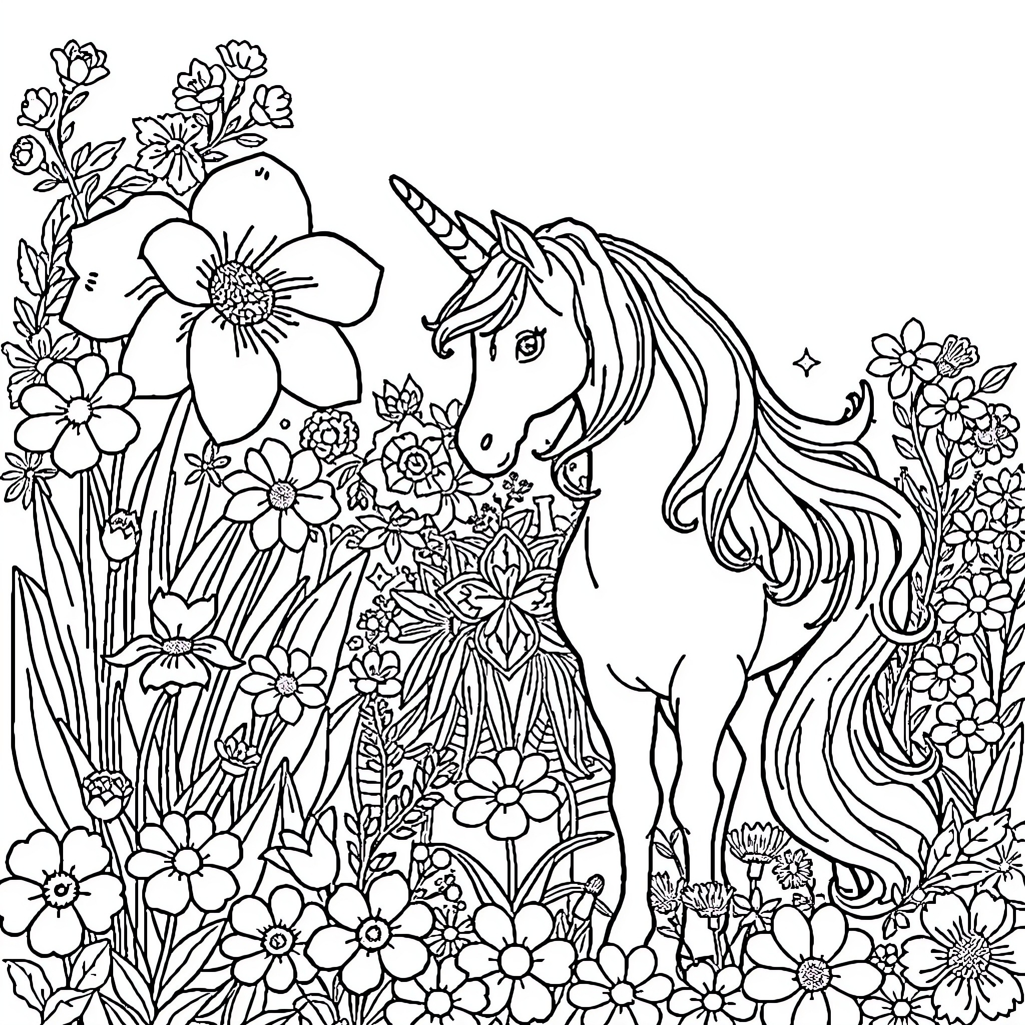 Unicorn surrounded by vibrant flowers and foliage Coloring Page (free black-and-white line drawing printable PDF for all, from beginners to advanced learners, including children, teens, adults, and seniors)