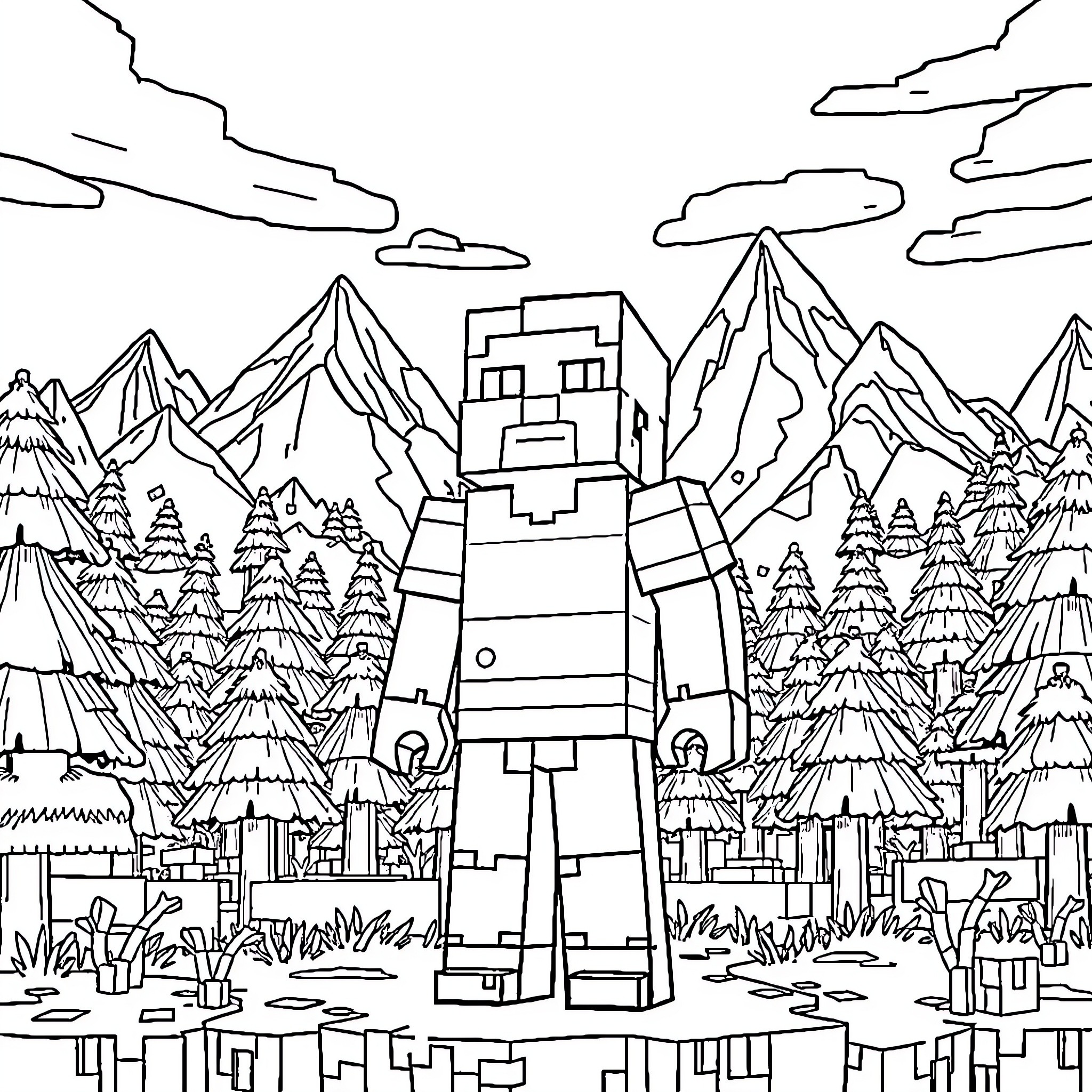 Steve exploring the pixel wilderness landscape Coloring Page (free black-and-white line drawing printable PDF for all, from beginners to advanced learners, including children, teens, adults, and seniors)