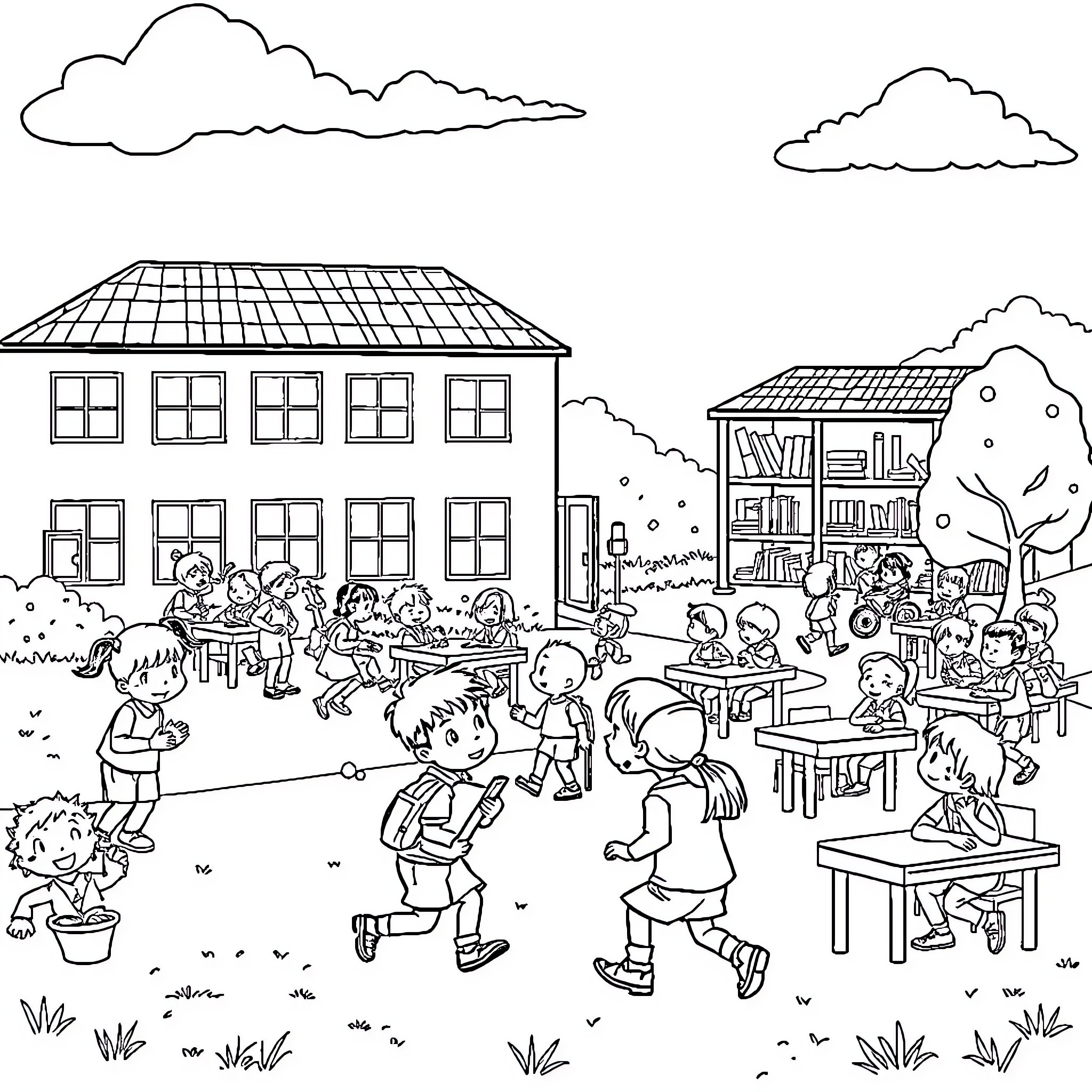 School's Lively Outdoor Scene with Students and Activities Coloring Page (free black-and-white line drawing printable PDF for all, from beginners to advanced learners, including children, teens, adults, and seniors)