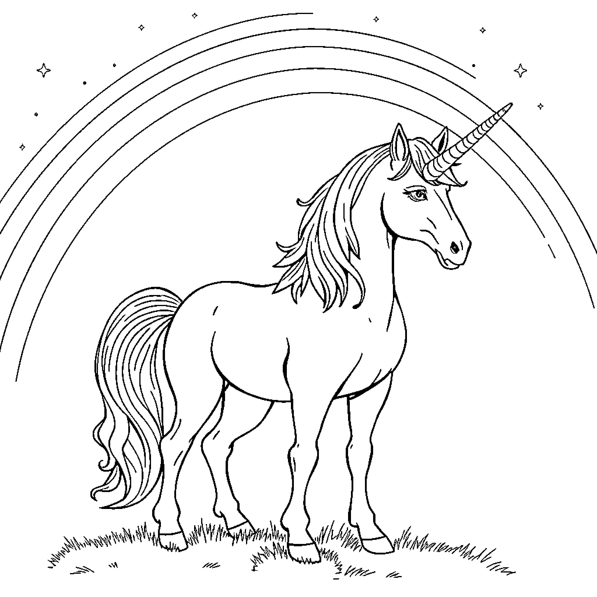 Unicorn standing before a rainbow in a starry night Coloring Page (free black-and-white line drawing printable PDF for all, from beginners to advanced learners, including children, teens, adults, and seniors)