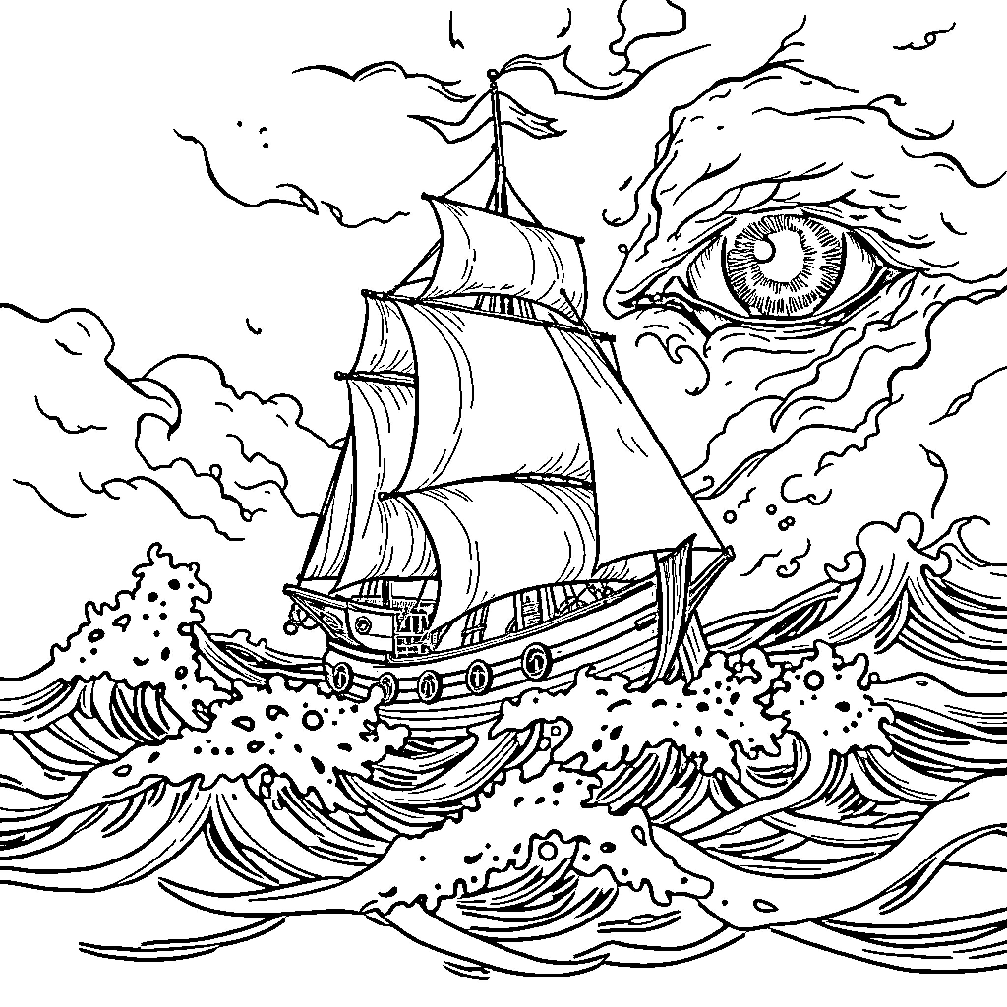 Sailing Ship Navigates Stormy Seas with Watchful Eye Coloring Page (free black-and-white line drawing printable PDF for all, from beginners to advanced learners, including children, teens, adults, and seniors)