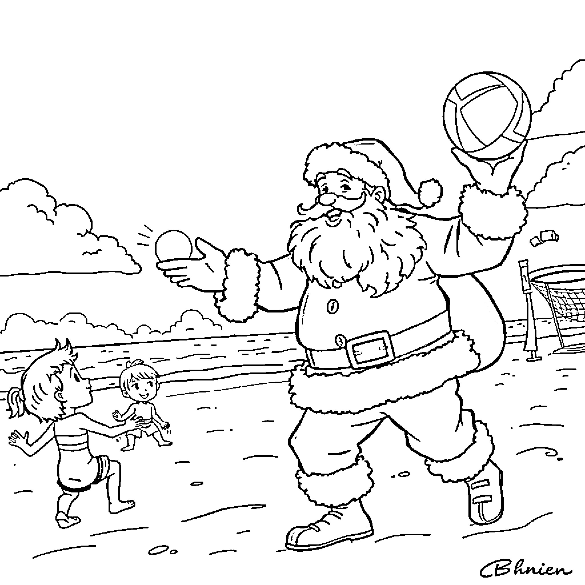 Santa surprising children with gifts and toys Coloring Page (free black-and-white line drawing printable PDF for all, from beginners to advanced learners, including children, teens, adults, and seniors)