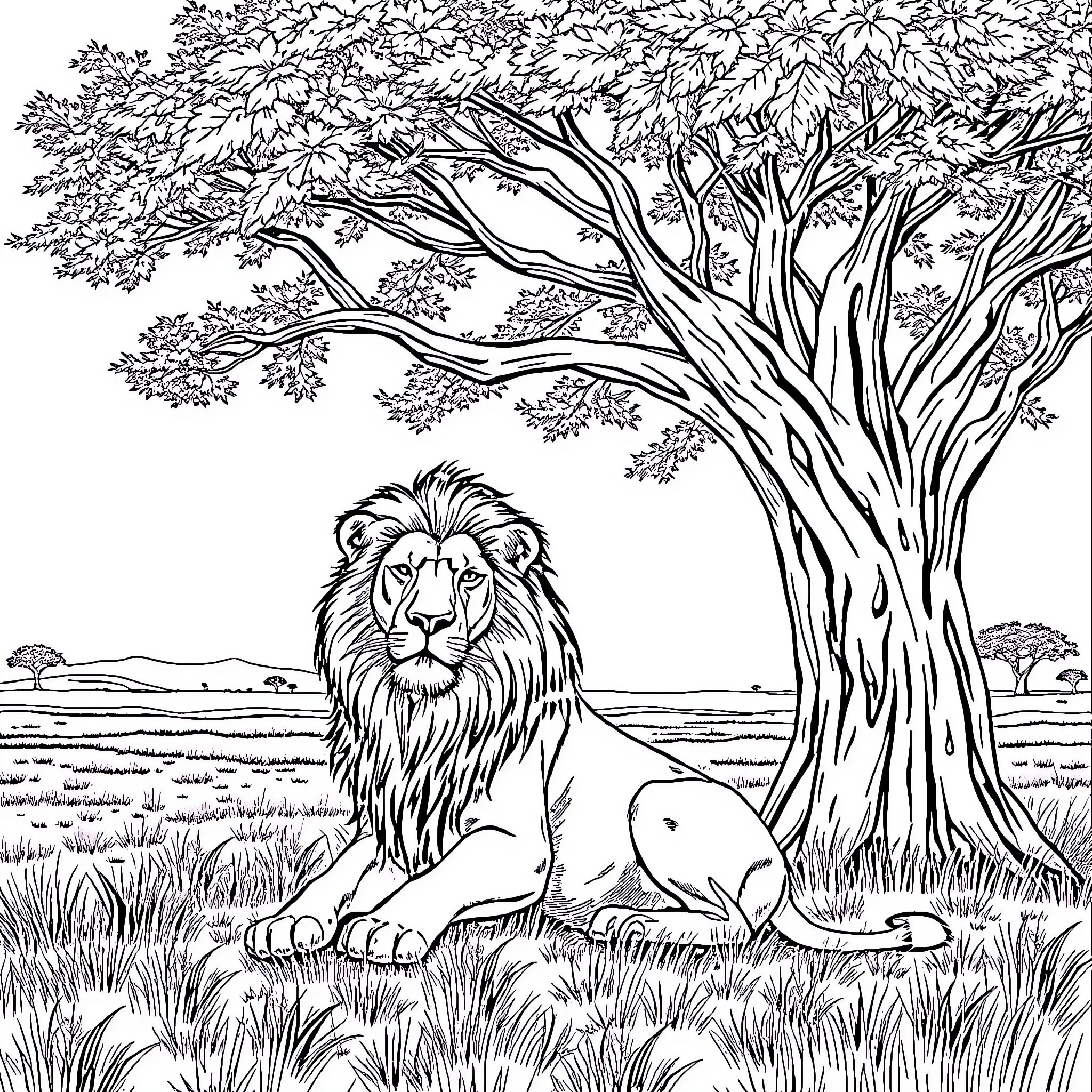 Lion resting under the lush, shady tree Coloring Page (free black-and-white line drawing printable PDF for all, from beginners to advanced learners, including children, teens, adults, and seniors)