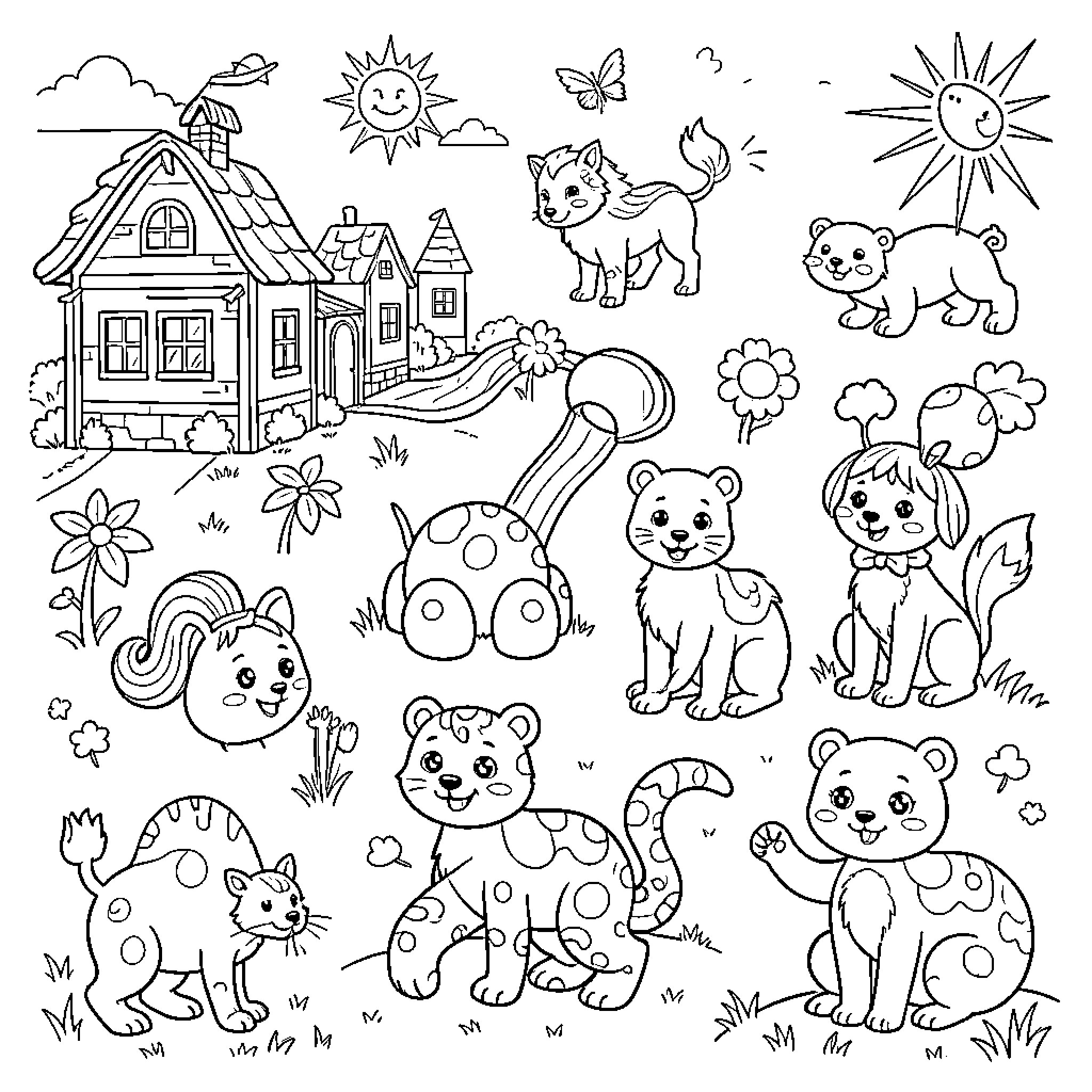 Sheets of Whimsical Forest Creatures and Scenery Coloring Page (free black-and-white line drawing printable PDF for all, from beginners to advanced learners, including children, teens, adults, and seniors)