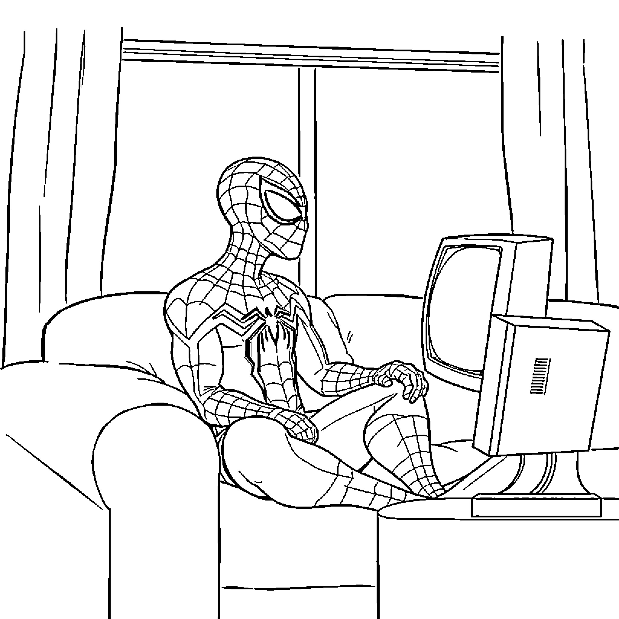 Spiderman relaxing with his computer Coloring Page (free black-and-white line drawing printable PDF for all, from beginners to advanced learners, including children, teens, adults, and seniors)