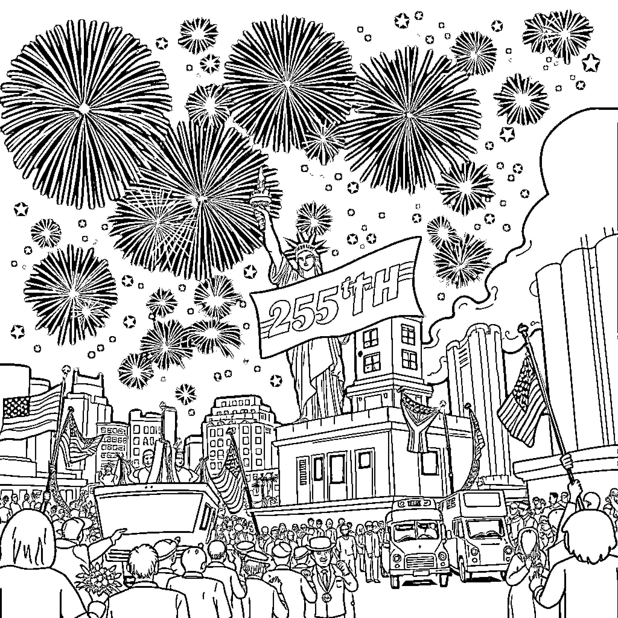America Celebrates with Fireworks and Festive Scenes Coloring Page (free black-and-white line drawing printable PDF for all, from beginners to advanced learners, including children, teens, adults, and seniors)