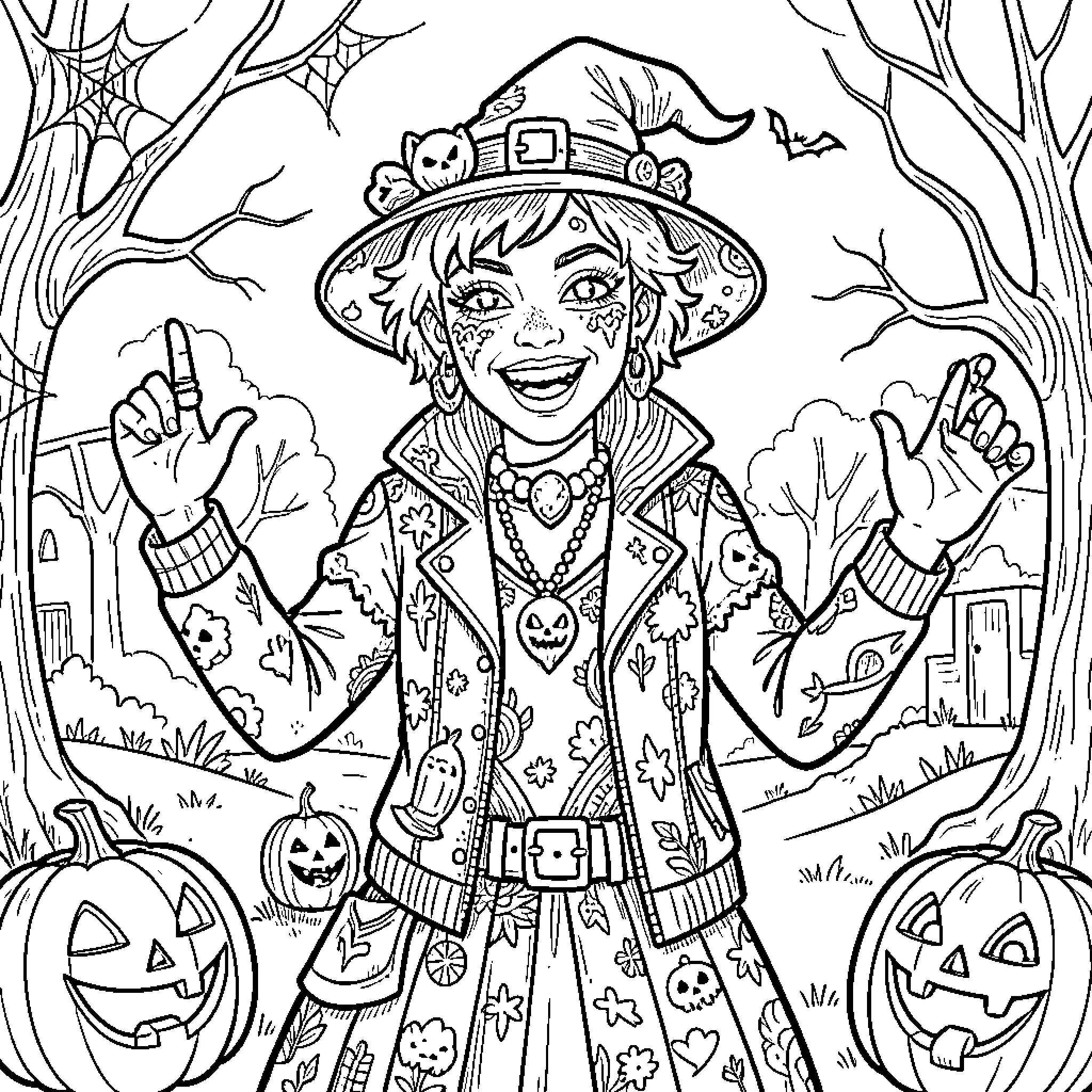 Genderqueer person celebrating Halloween in a festive costume Coloring Page (free black-and-white line drawing printable PDF for all, from beginners to advanced learners, including children, teens, adults, and seniors)