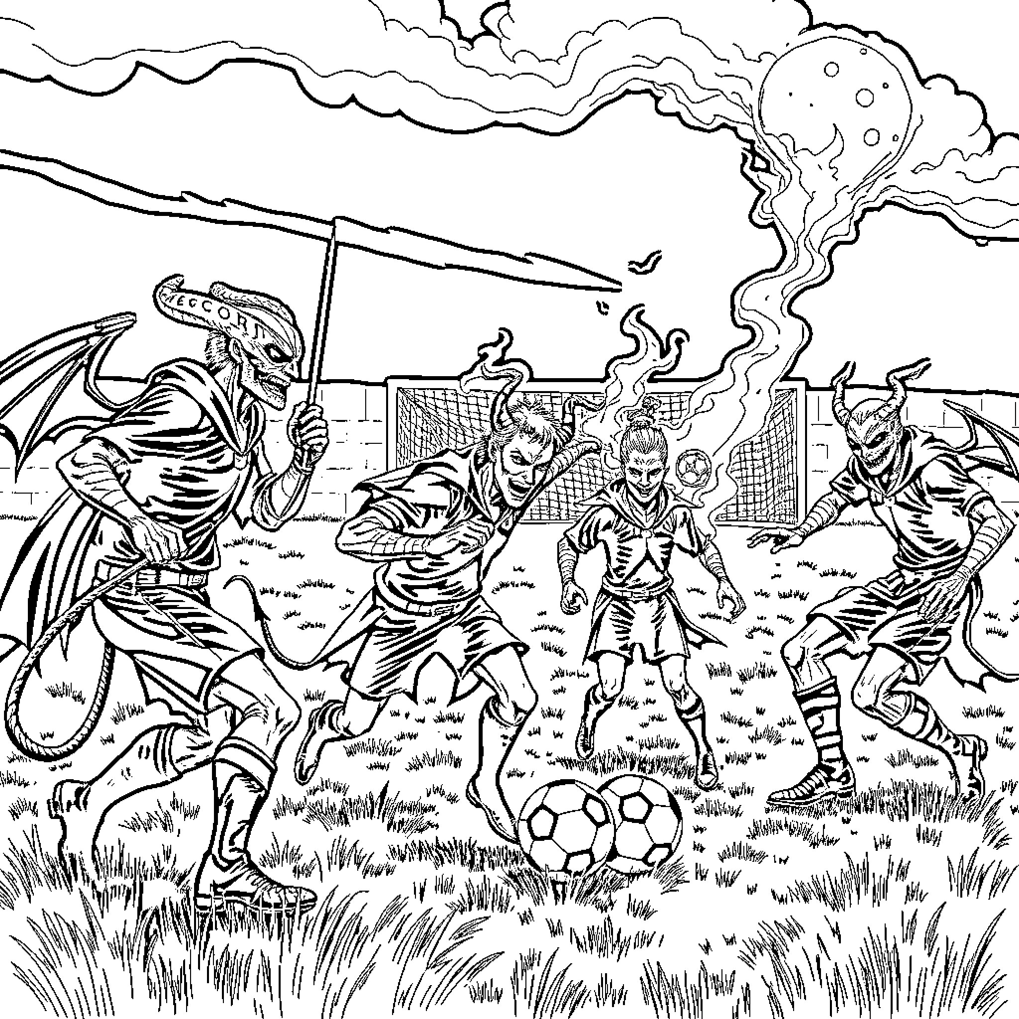 Demon Hunter Battles Mythical Creatures on Soccer Field Coloring Page (free black-and-white line drawing printable PDF for all, from beginners to advanced learners, including children, teens, adults, and seniors)