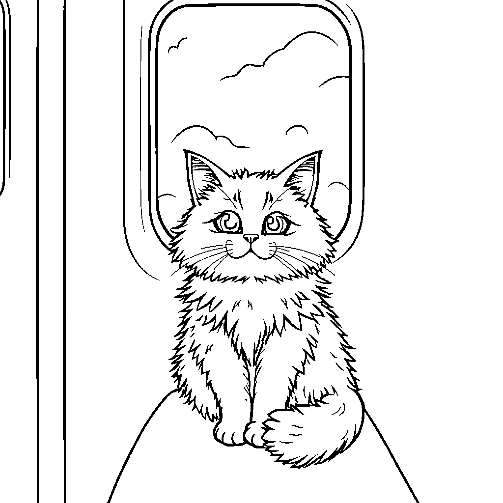 Cat looking out the window Coloring Page (free black-and-white line drawing printable PDF for all, from beginners to advanced learners, including children, teens, adults, and seniors)