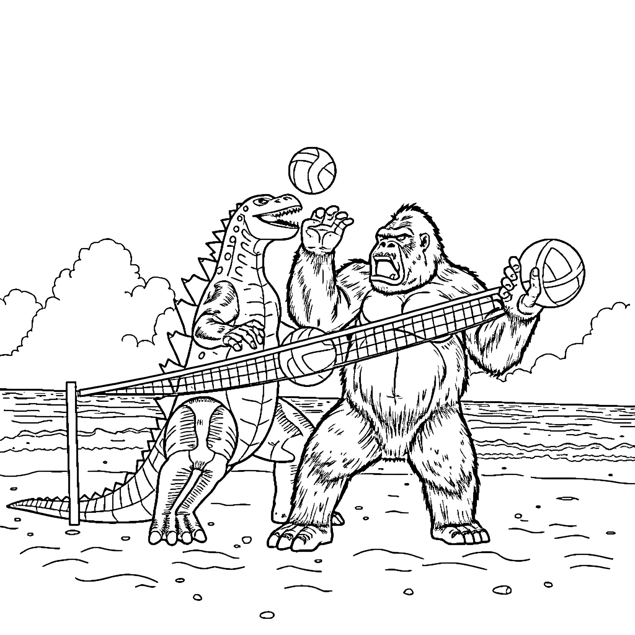 Godzilla and King Kong playing volleyball on the beach Coloring Page (free black-and-white line drawing printable PDF for all, from beginners to advanced learners, including children, teens, adults, and seniors)