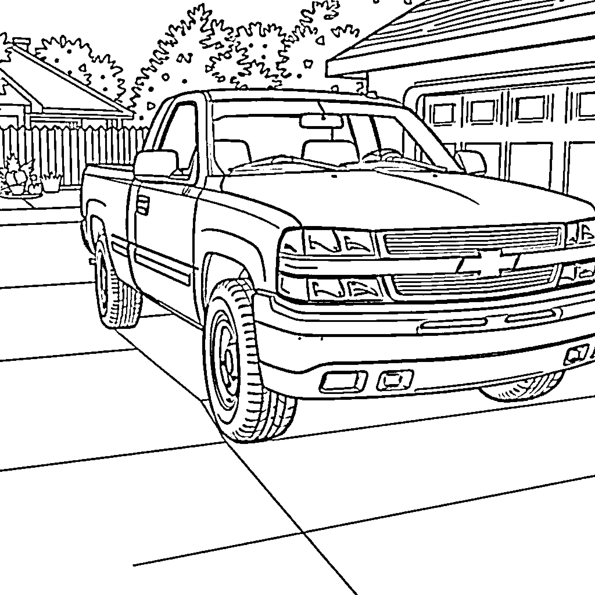 Chevrolet Silverado pickup truck in driveway scene Coloring Page (free black-and-white line drawing printable PDF for all, from beginners to advanced learners, including children, teens, adults, and seniors)
