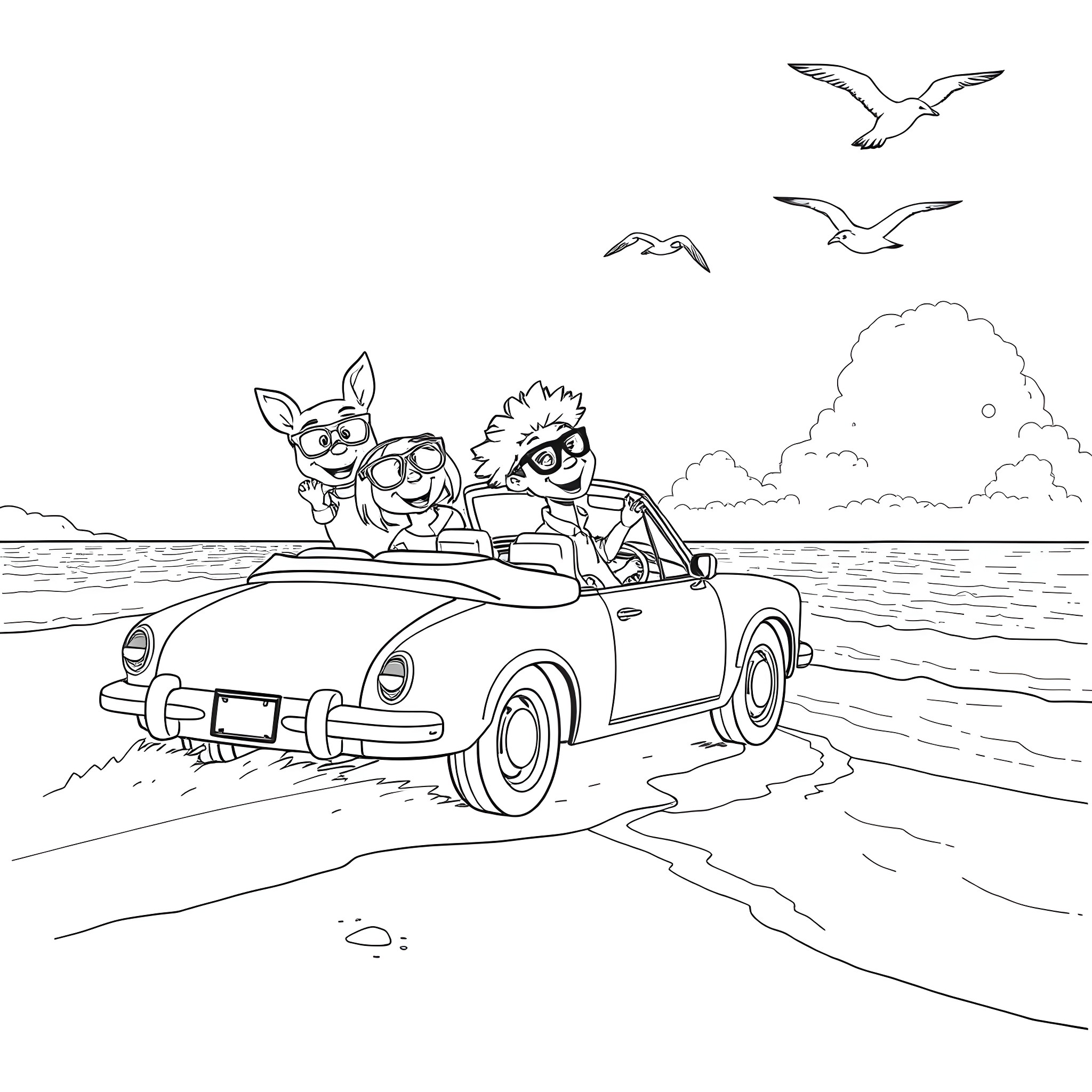 Bluey's Beach Adventure with Friends Coloring Page (free black-and-white line drawing printable PDF for all, from beginners to advanced learners, including children, teens, adults, and seniors)