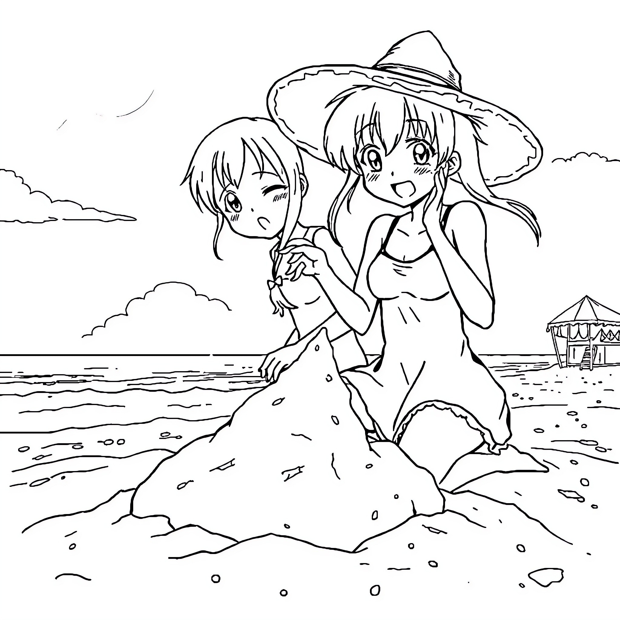 Nesuko's Beachtime Adventure with Friend Coloring Page (free black-and-white line drawing printable PDF for all, from beginners to advanced learners, including children, teens, adults, and seniors)