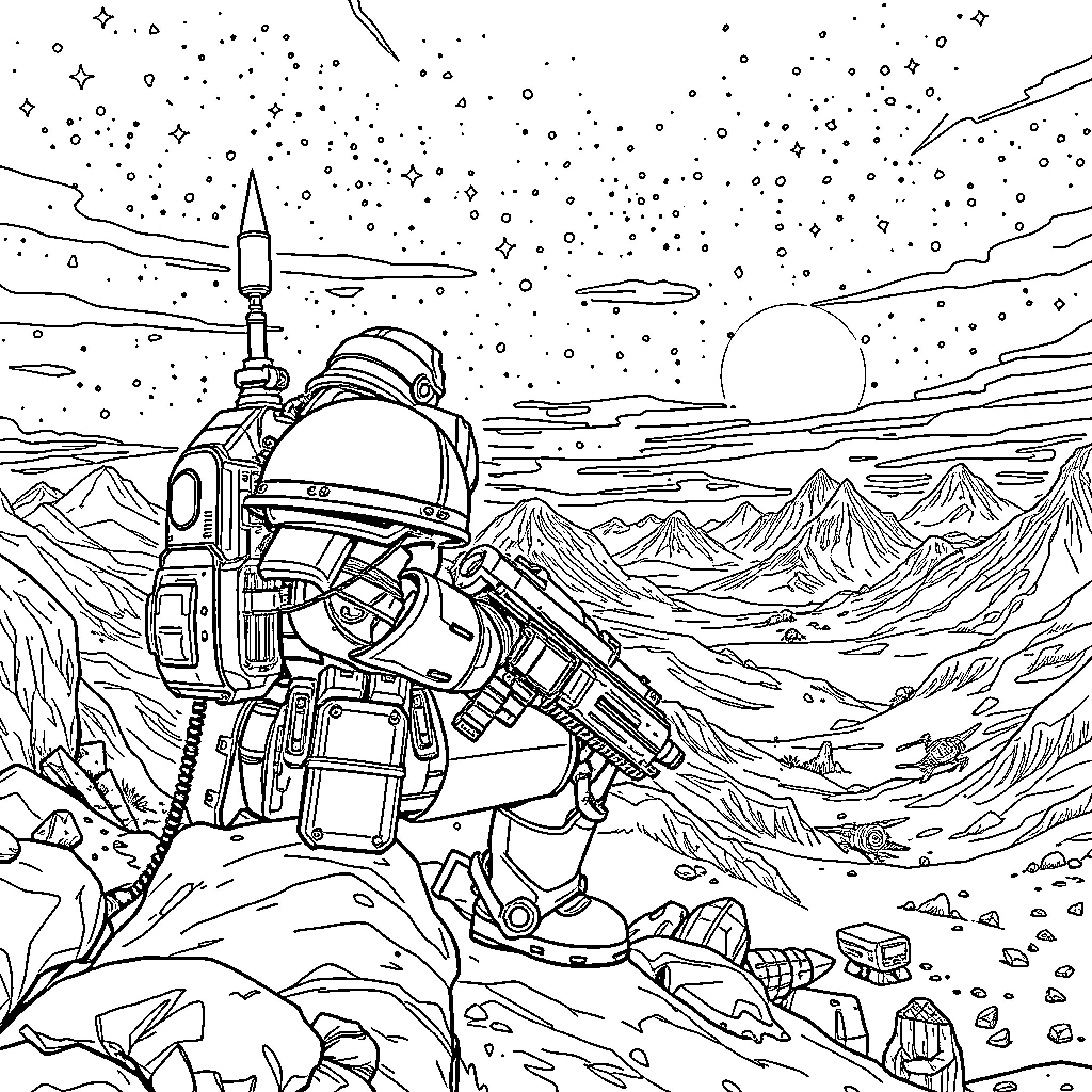 Marine Astronaut Exploring Alien Landscape Coloring Page (free black-and-white line drawing printable PDF for all, from beginners to advanced learners, including children, teens, adults, and seniors)
