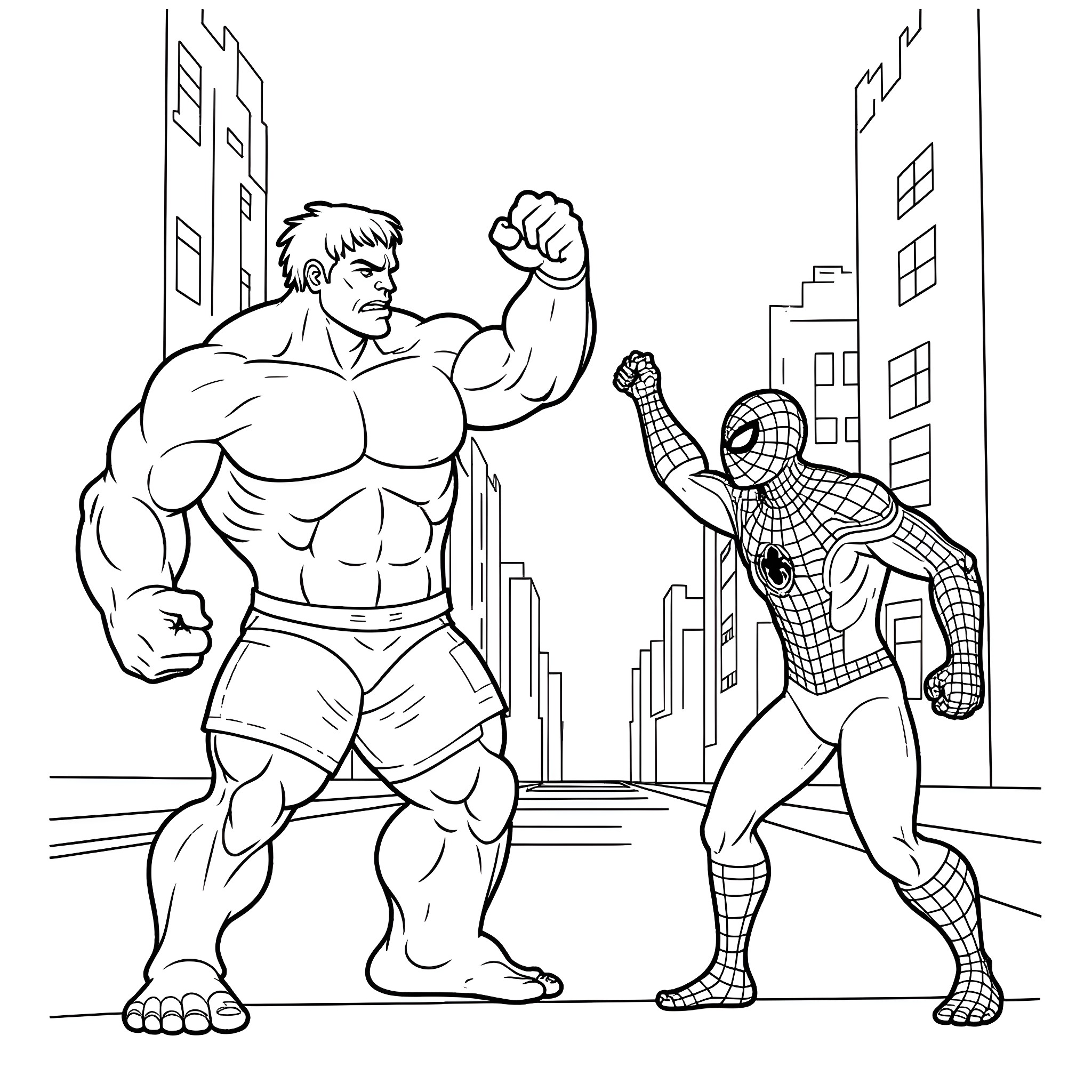 Hulk and Spider-Man battling in the city Coloring Page (free black-and-white line drawing printable PDF for all, from beginners to advanced learners, including children, teens, adults, and seniors)