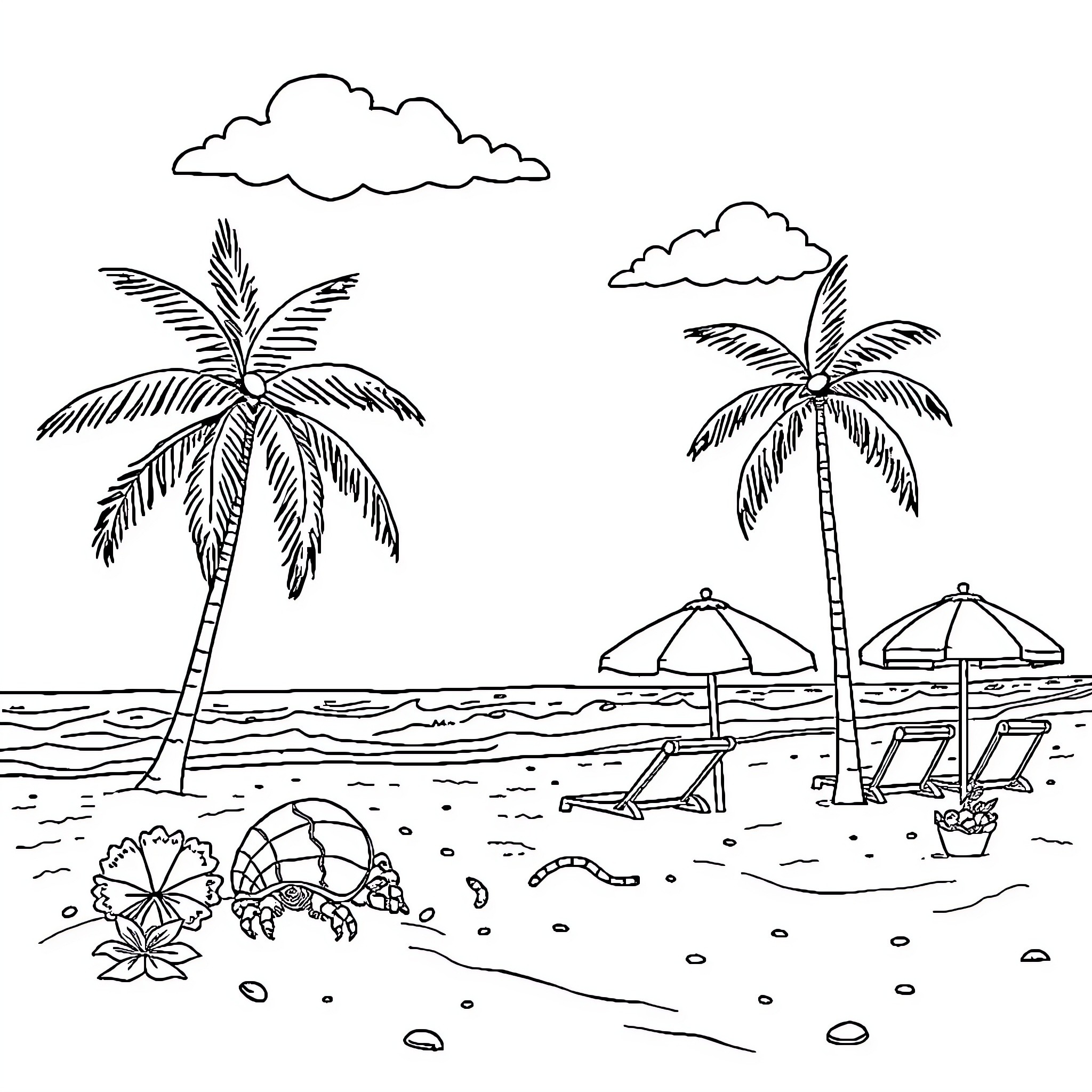 Beach with palm trees, sun loungers and beach accessories Coloring Page (free black-and-white line drawing printable PDF for all, from beginners to advanced learners, including children, teens, adults, and seniors)