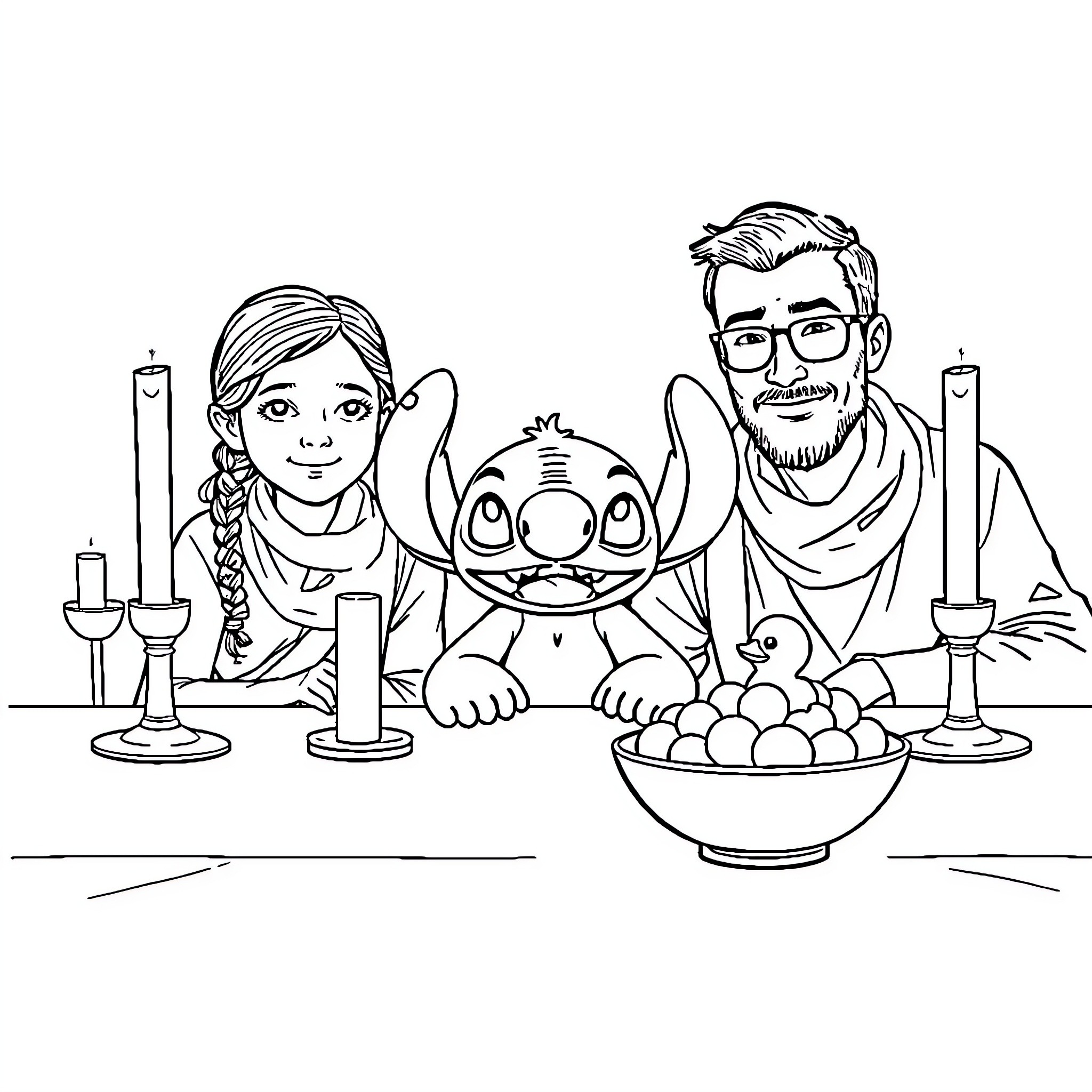Stitch enjoying a meal with a family Coloring Page (free black-and-white line drawing printable PDF for all, from beginners to advanced learners, including children, teens, adults, and seniors)