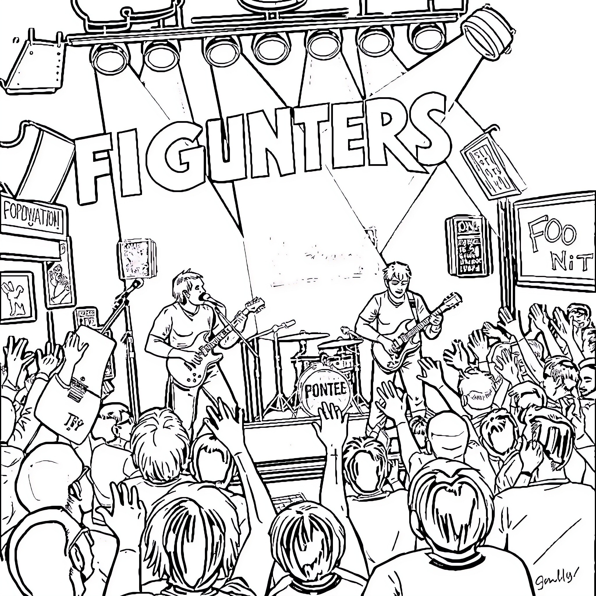 Foo Fighters performing on stage with a crowd Coloring Page (free black-and-white line drawing printable PDF for all, from beginners to advanced learners, including children, teens, adults, and seniors)