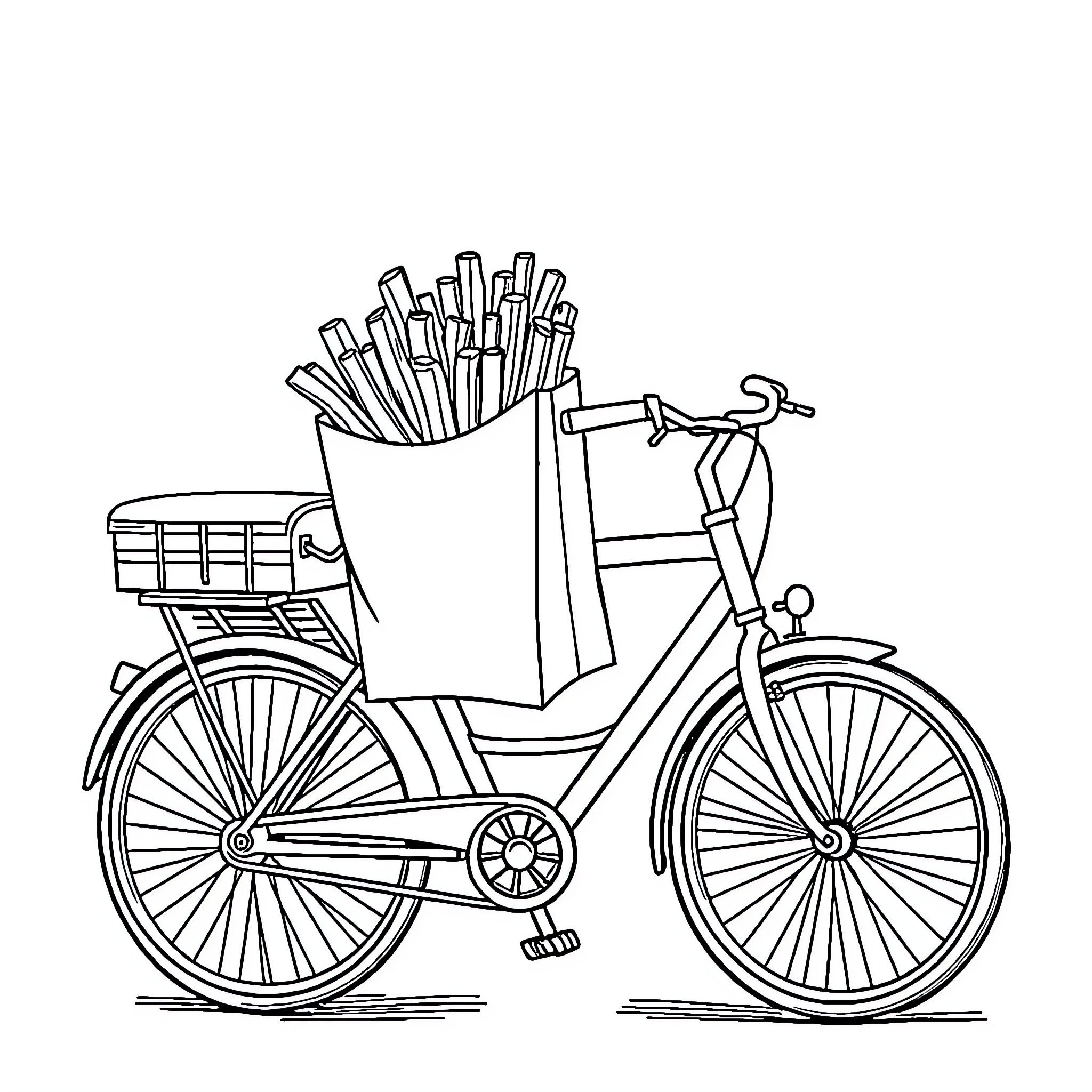 French Fry Bicycle Carrying Tasty Treats Coloring Page (free black-and-white line drawing printable PDF for all, from beginners to advanced learners, including children, teens, adults, and seniors)