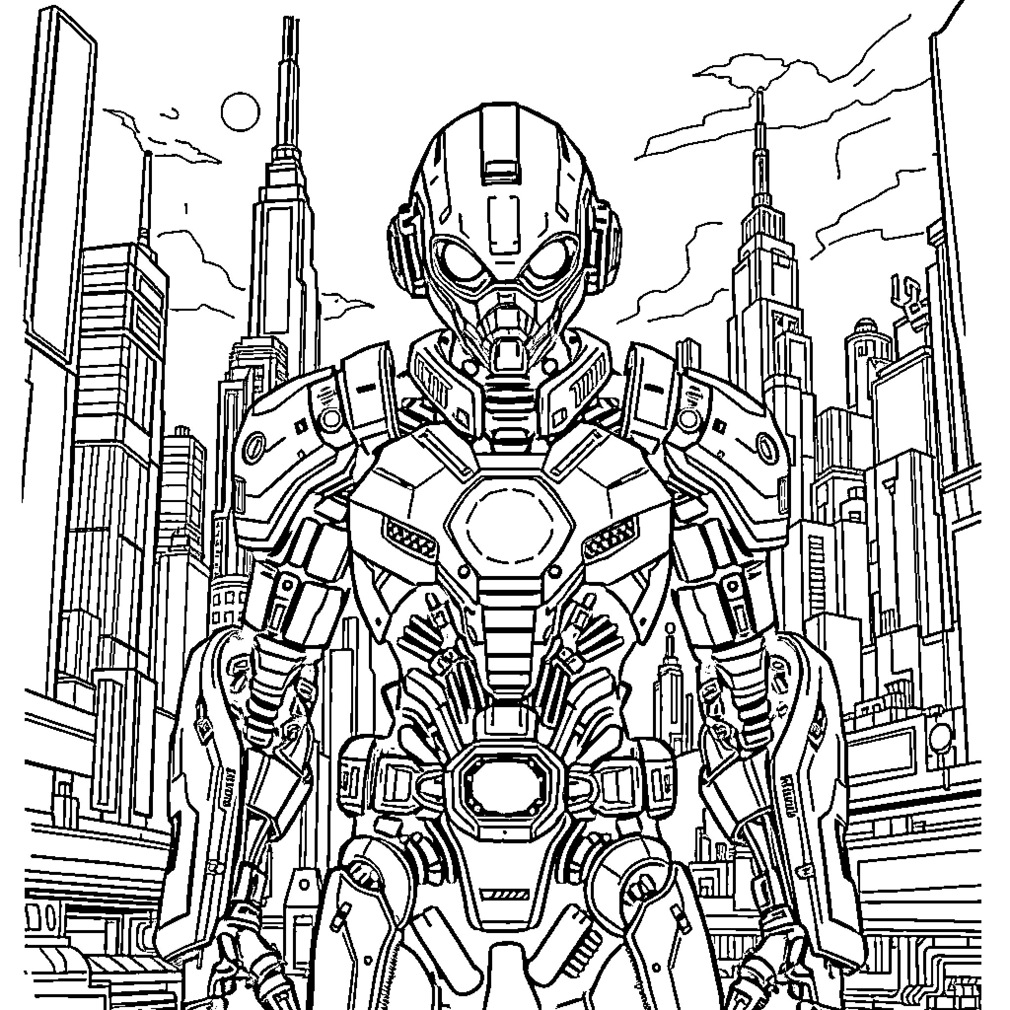 Cyborg Warrior in Futuristic City Landscape Coloring Page (free black-and-white line drawing printable PDF for all, from beginners to advanced learners, including children, teens, adults, and seniors)