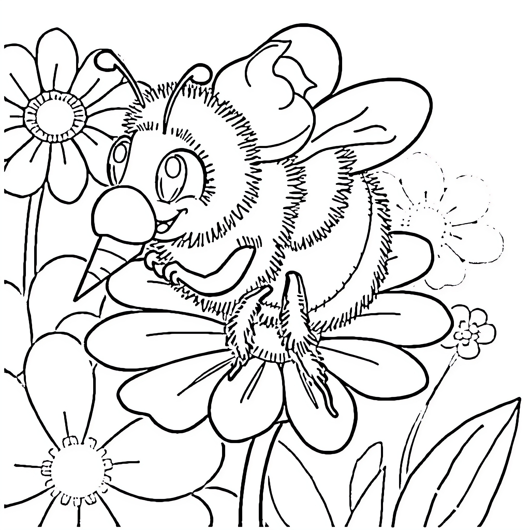 Bumblebee playing with flowers in a garden Coloring Page (free black-and-white line drawing printable PDF for all, from beginners to advanced learners, including children, teens, adults, and seniors)