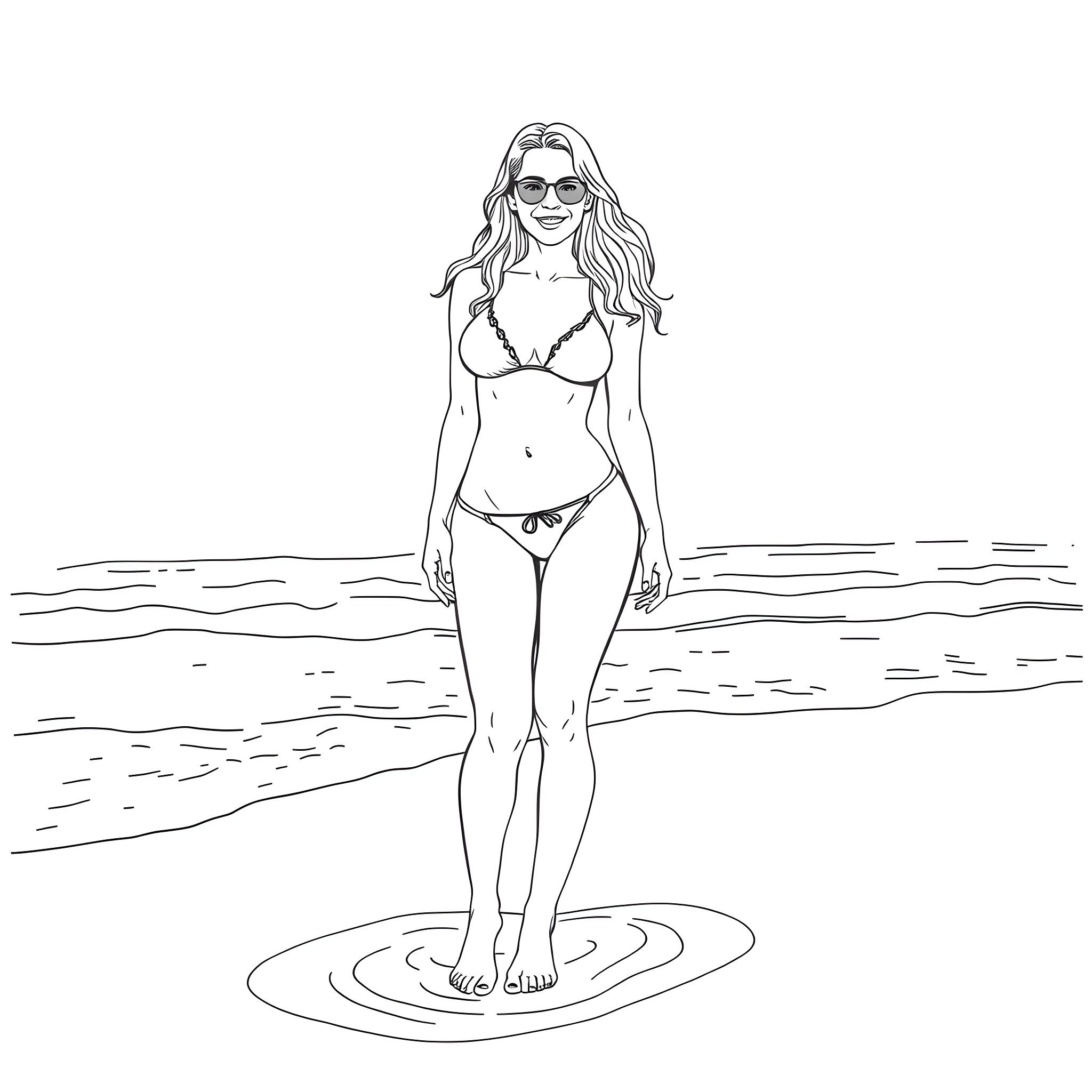 Sydney Sweeney relaxing in swimsuit on the beach Coloring Page (free black-and-white line drawing printable PDF for all, from beginners to advanced learners, including children, teens, adults, and seniors)