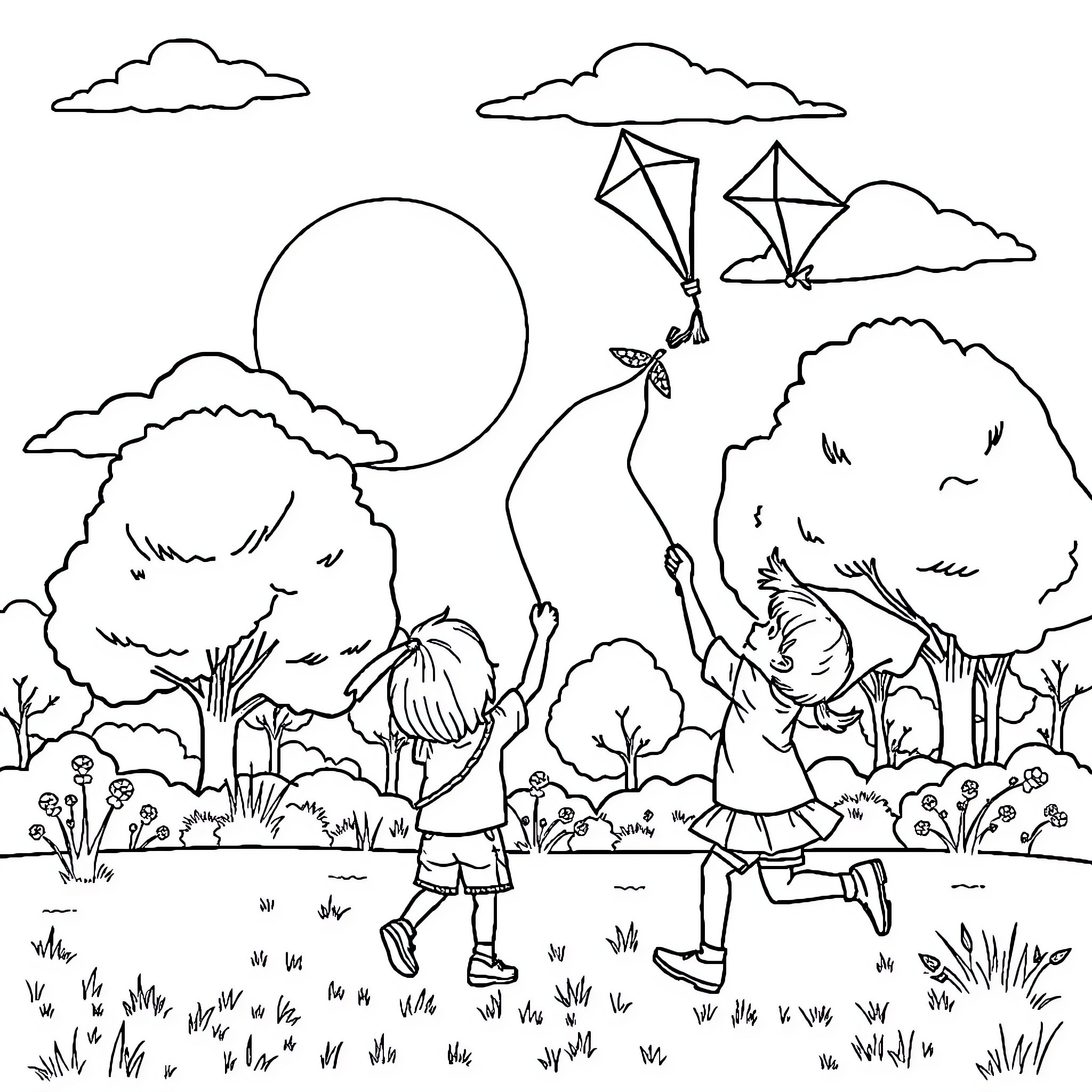 Kite flying on a sunny day with friends Coloring Page (free black-and-white line drawing printable PDF for all, from beginners to advanced learners, including children, teens, adults, and seniors)