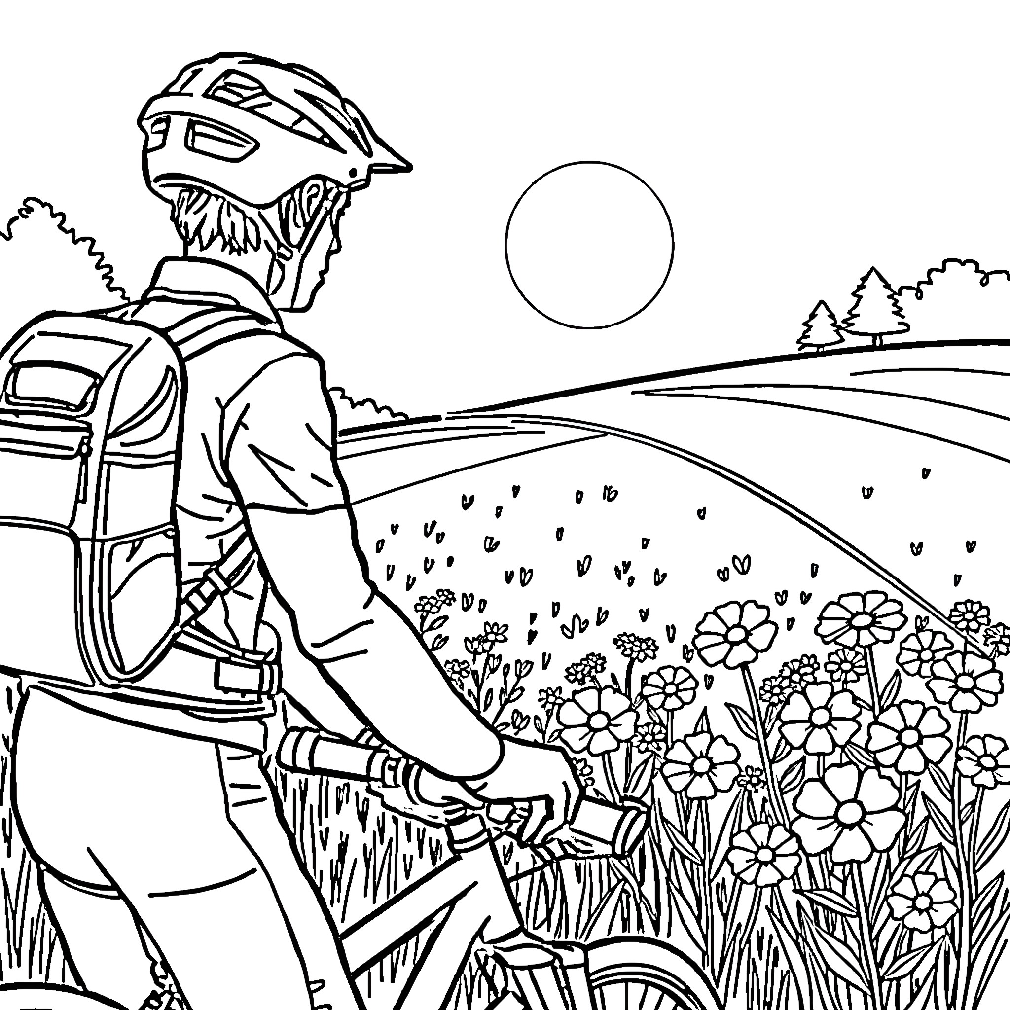 Biker enjoying scenic countryside ride Coloring Page (free black-and-white line drawing printable PDF for all, from beginners to advanced learners, including children, teens, adults, and seniors)
