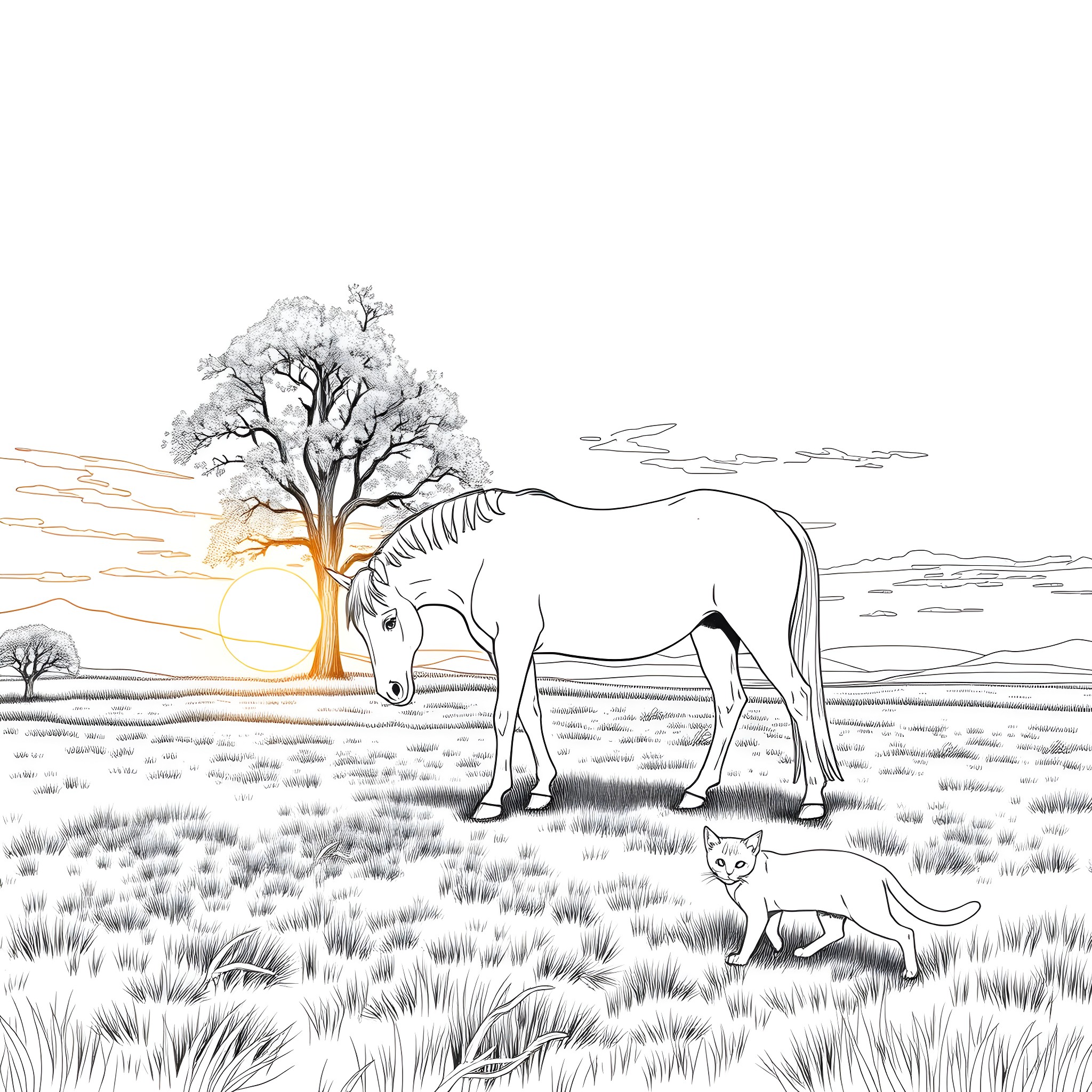 Horse in serene countryside landscape Coloring Page (free black-and-white line drawing printable PDF for all, from beginners to advanced learners, including children, teens, adults, and seniors)