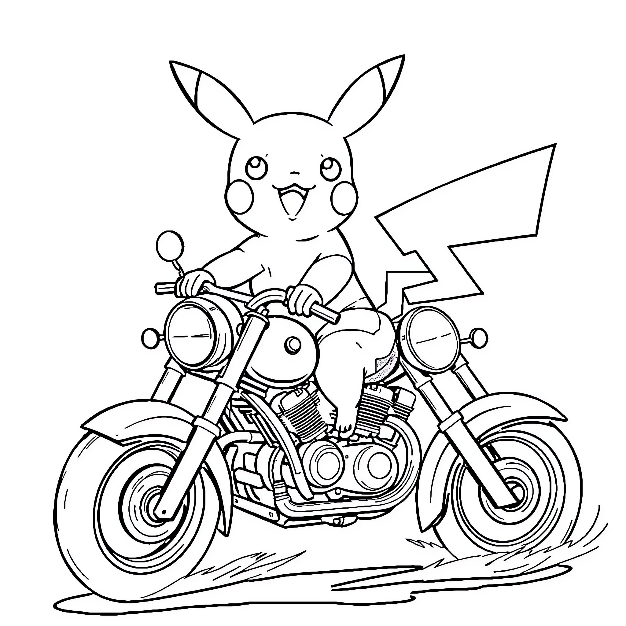 Pikachu riding a motorcycle with excitement Coloring Page (free black-and-white line drawing printable PDF for all, from beginners to advanced learners, including children, teens, adults, and seniors)