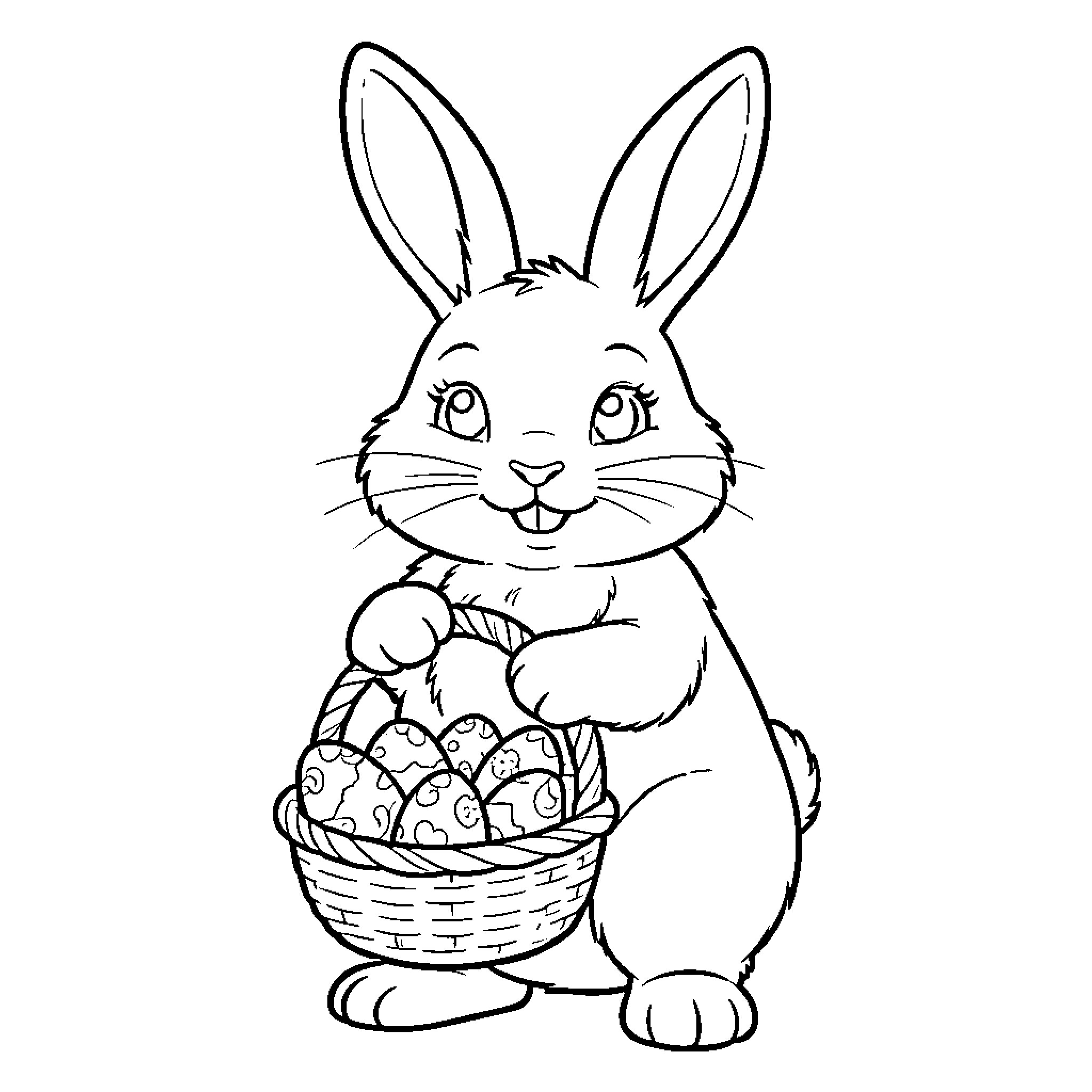 Easter Bunny with Basket of Decorated Eggs Coloring Page (free black-and-white line drawing printable PDF for all, from beginners to advanced learners, including children, teens, adults, and seniors)